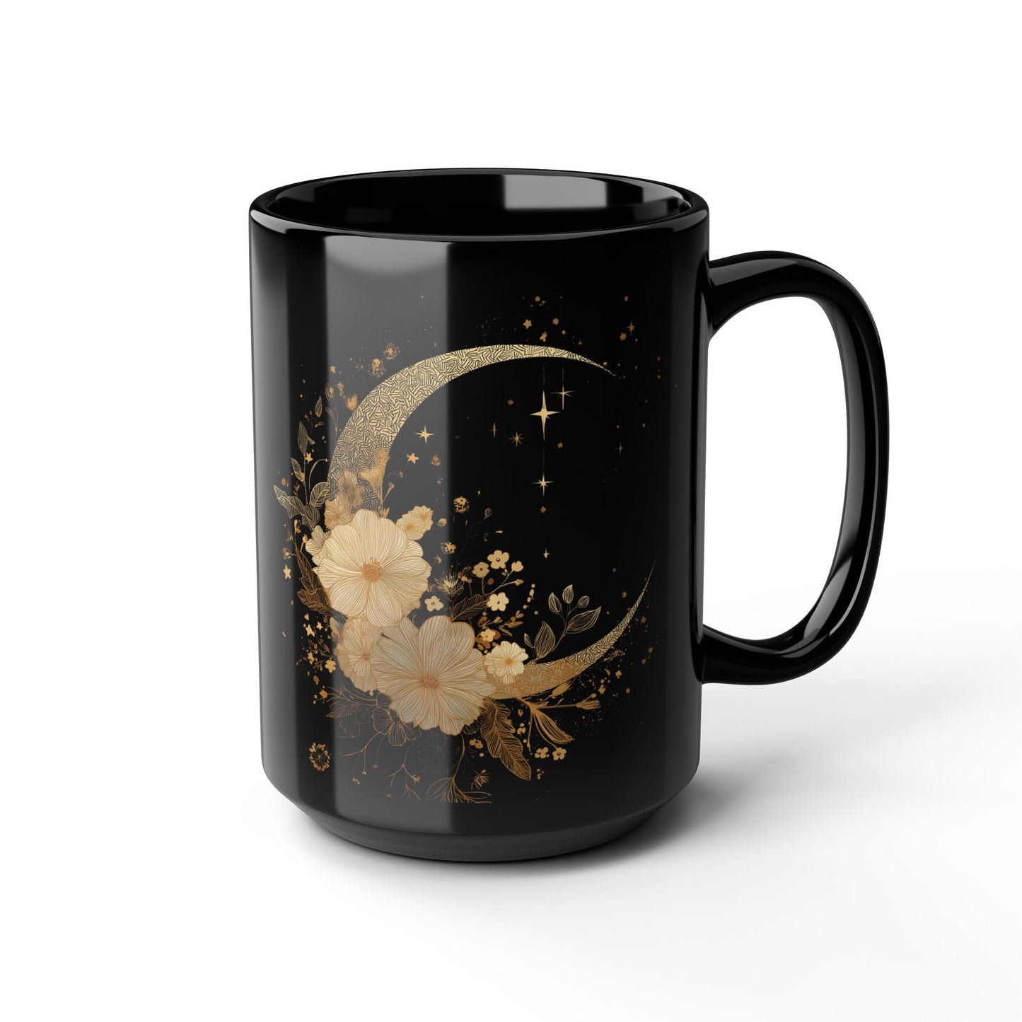 Gold Floral Crescent Moon Mug | Black 15oz Ceramic Coffee Cup