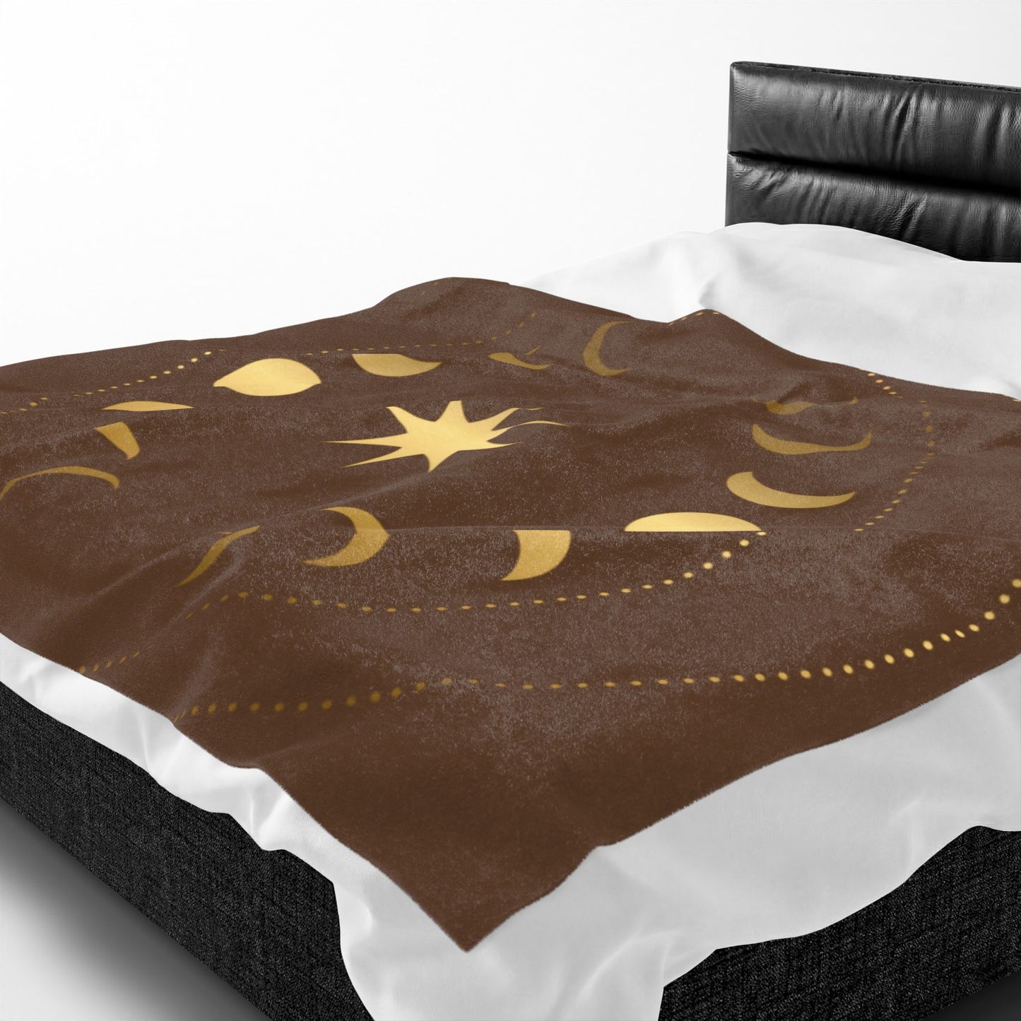 Celestial Moon Phase Velveteen Plush Blanket | Gold & Brown Cosmic Throw