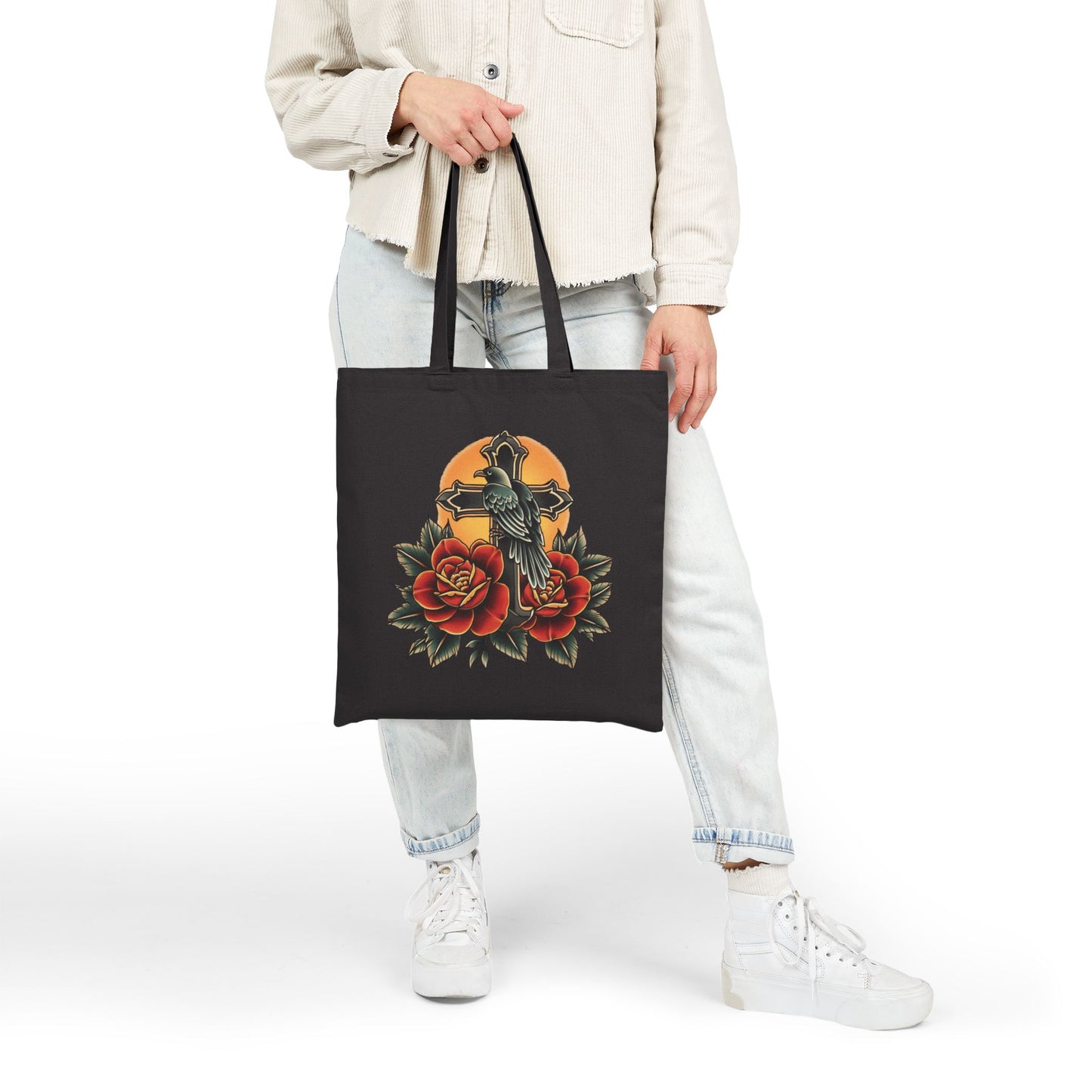 Retro Raven Cross & Roses Tote Bag