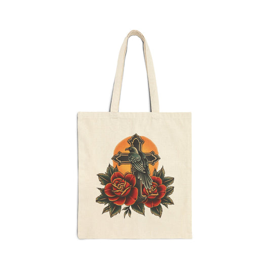 Retro Raven Cross & Roses Tote Bag