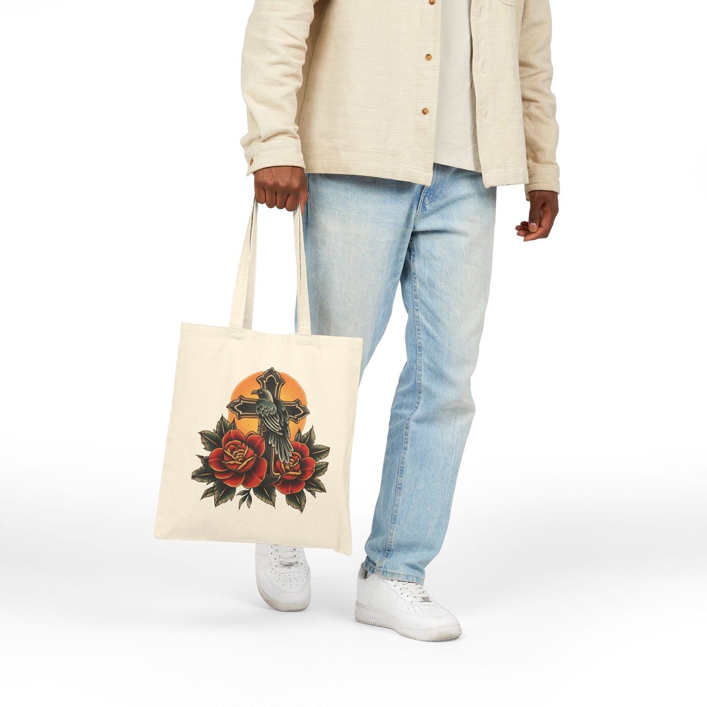 Retro Raven Cross & Roses Tote Bag