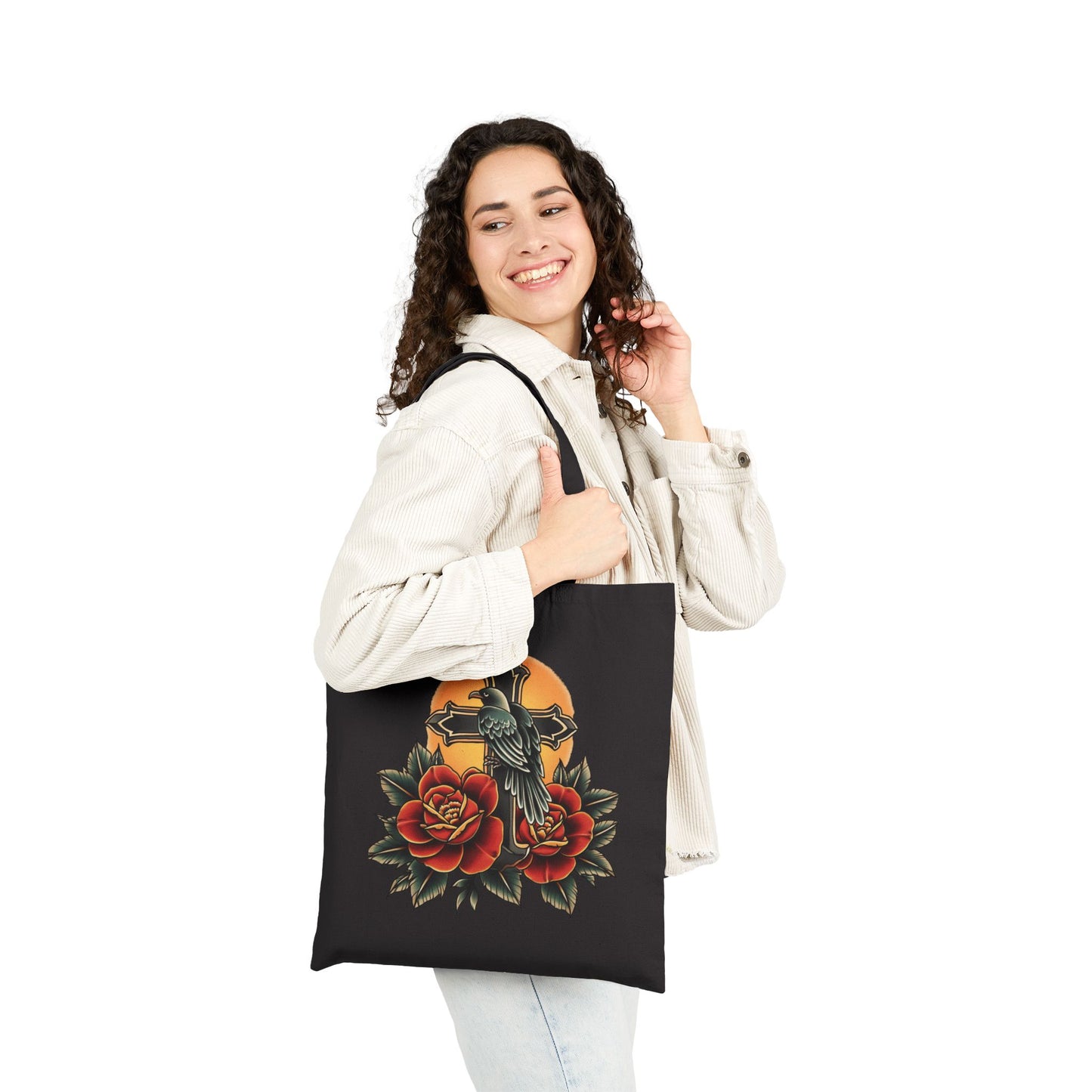 Retro Raven Cross & Roses Tote Bag