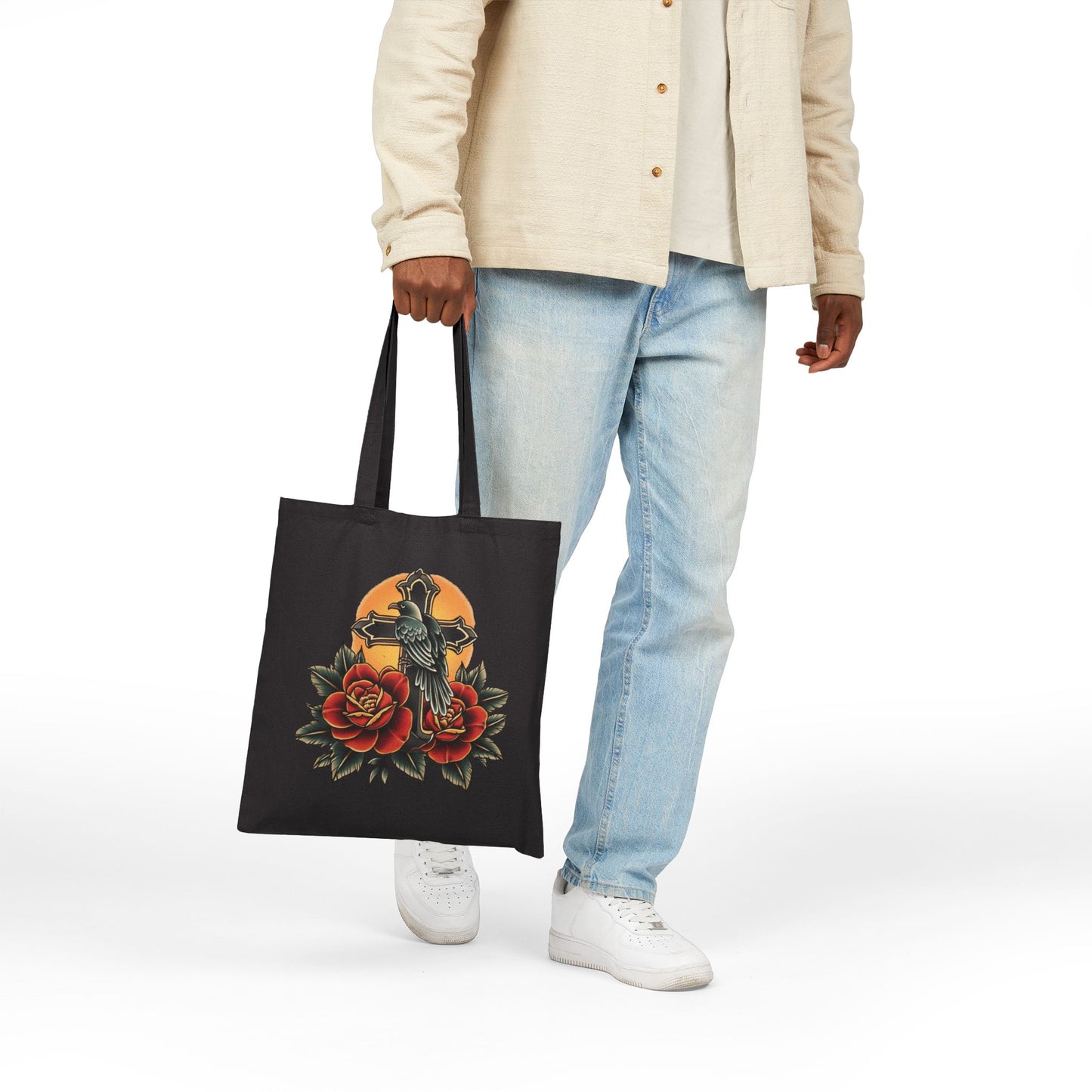 Retro Raven Cross & Roses Tote Bag