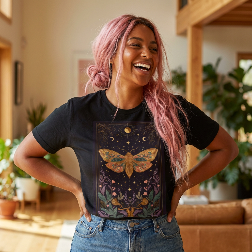 Celestial Moth T-Shirt Moon Phases Botanical Tee, Witchy Nature Shirt, Night Sky Graphic Top
