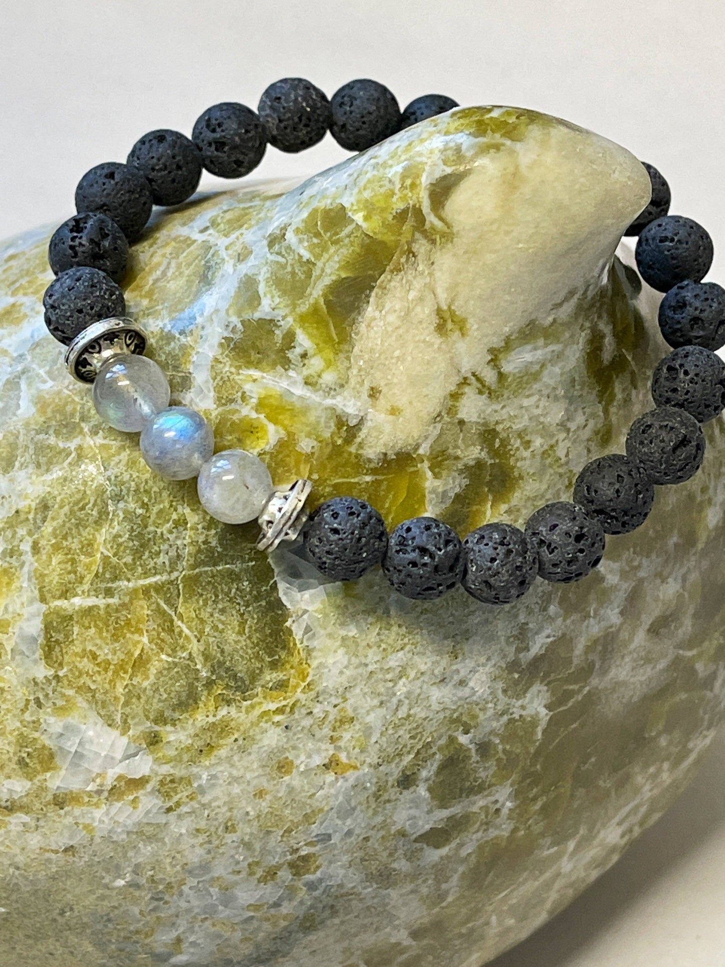 Peace Love Bling - Rainbow Moonstone Lava Stone Bracelet can be used for calming, awakening the inner goddess, aromatherapy