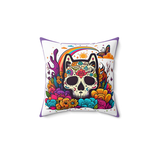 Retro Sugar Skull of Cat, Day of Dead Square Pillow