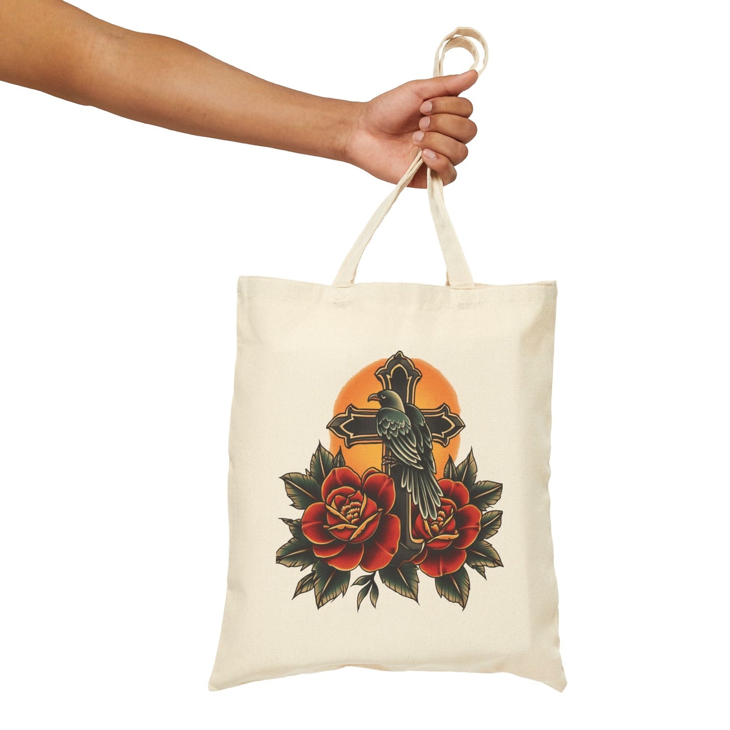 Retro Raven Cross & Roses Tote Bag