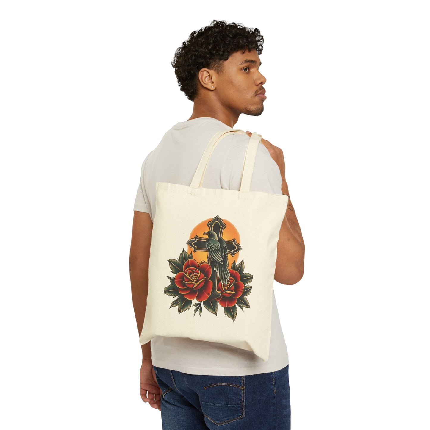 Retro Raven Cross & Roses Tote Bag