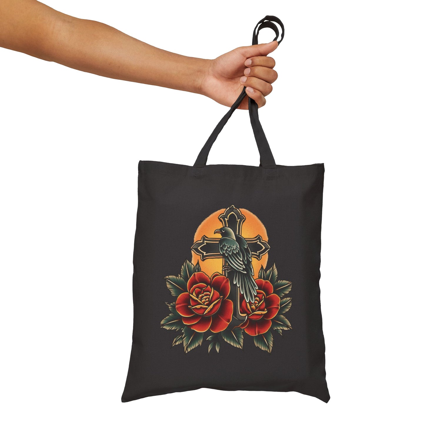 Retro Raven Cross & Roses Tote Bag