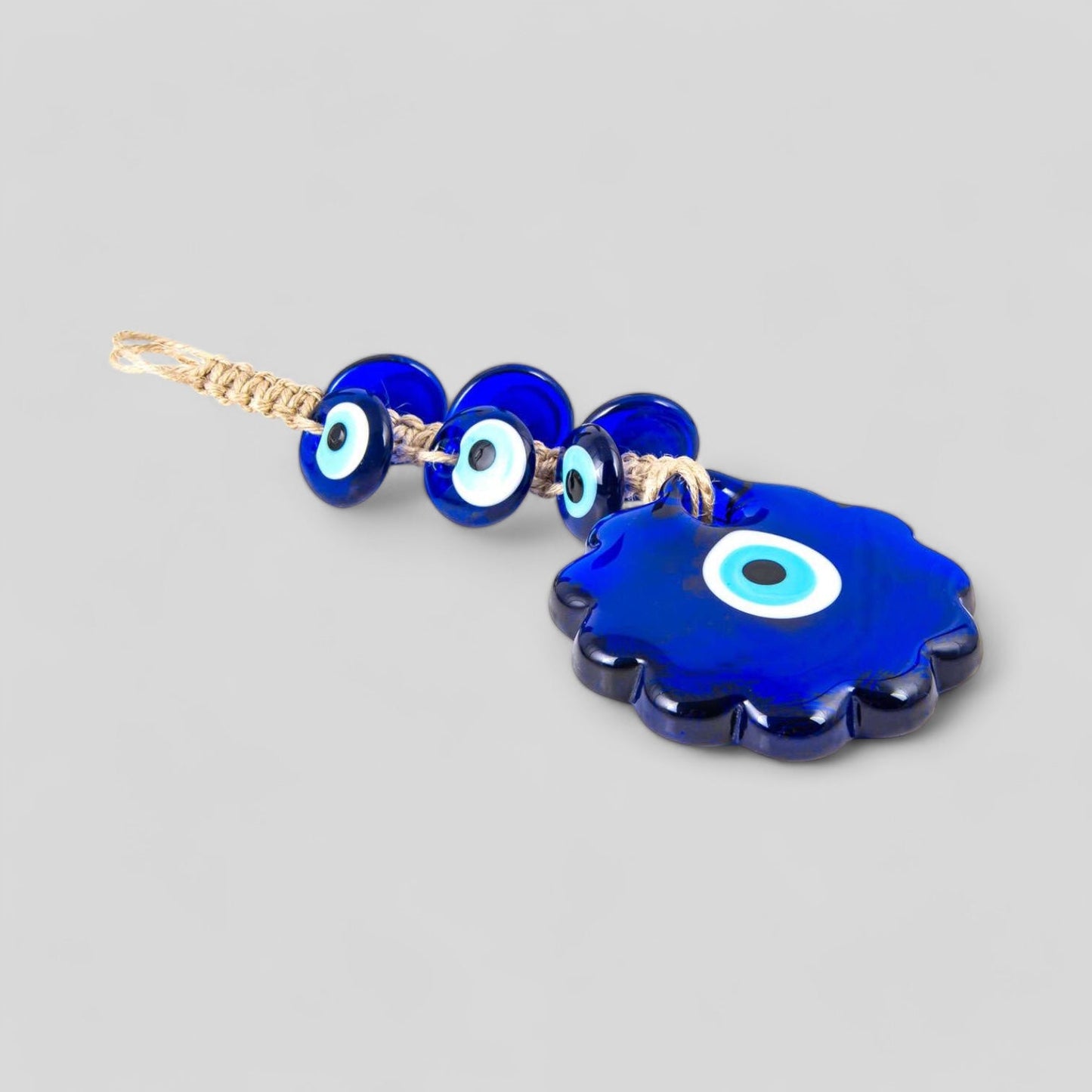 Wall Hanging Macrame Evil Eye Nazar Boncuk Mal De Ojo, Modern Boho Style Home Decor -- Flower Amulet with 6 Evil Eyes, Housewarming Gift-1