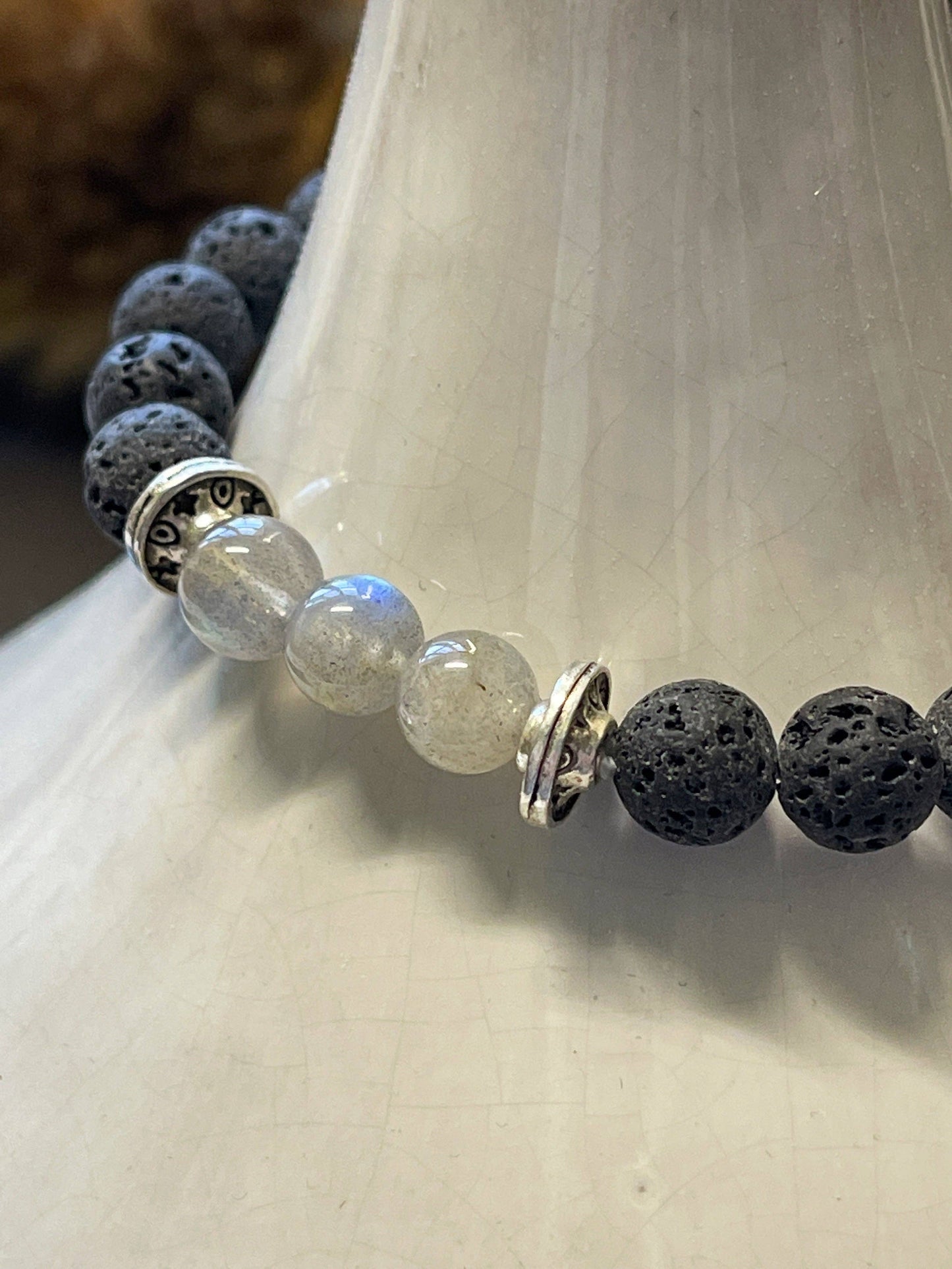 Peace Love Bling - Rainbow Moonstone Lava Stone Bracelet can be used for calming, awakening the inner goddess, aromatherapy