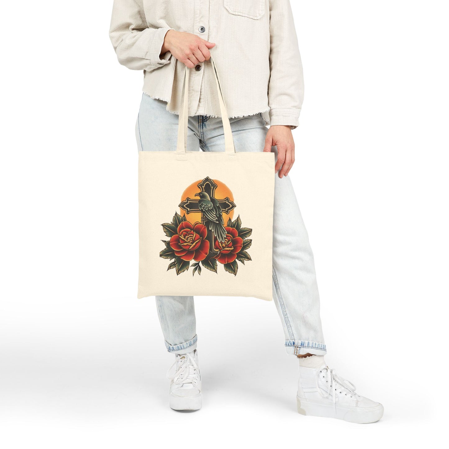 Retro Raven Cross & Roses Tote Bag