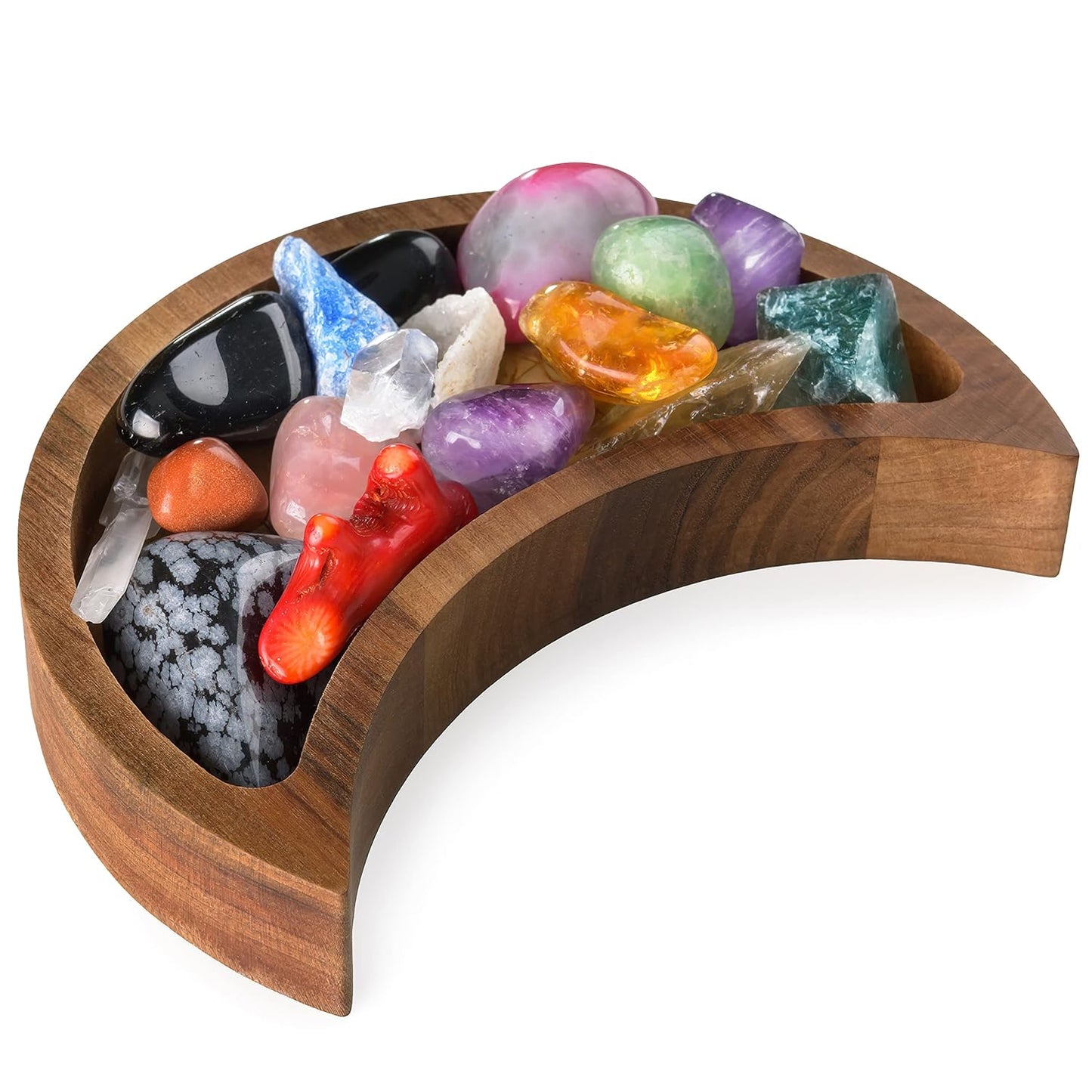 CurawWood Crescent Moon Walnut Tray – Wooden Crystal Display & Charging Dish for Gems (6” x 3”)