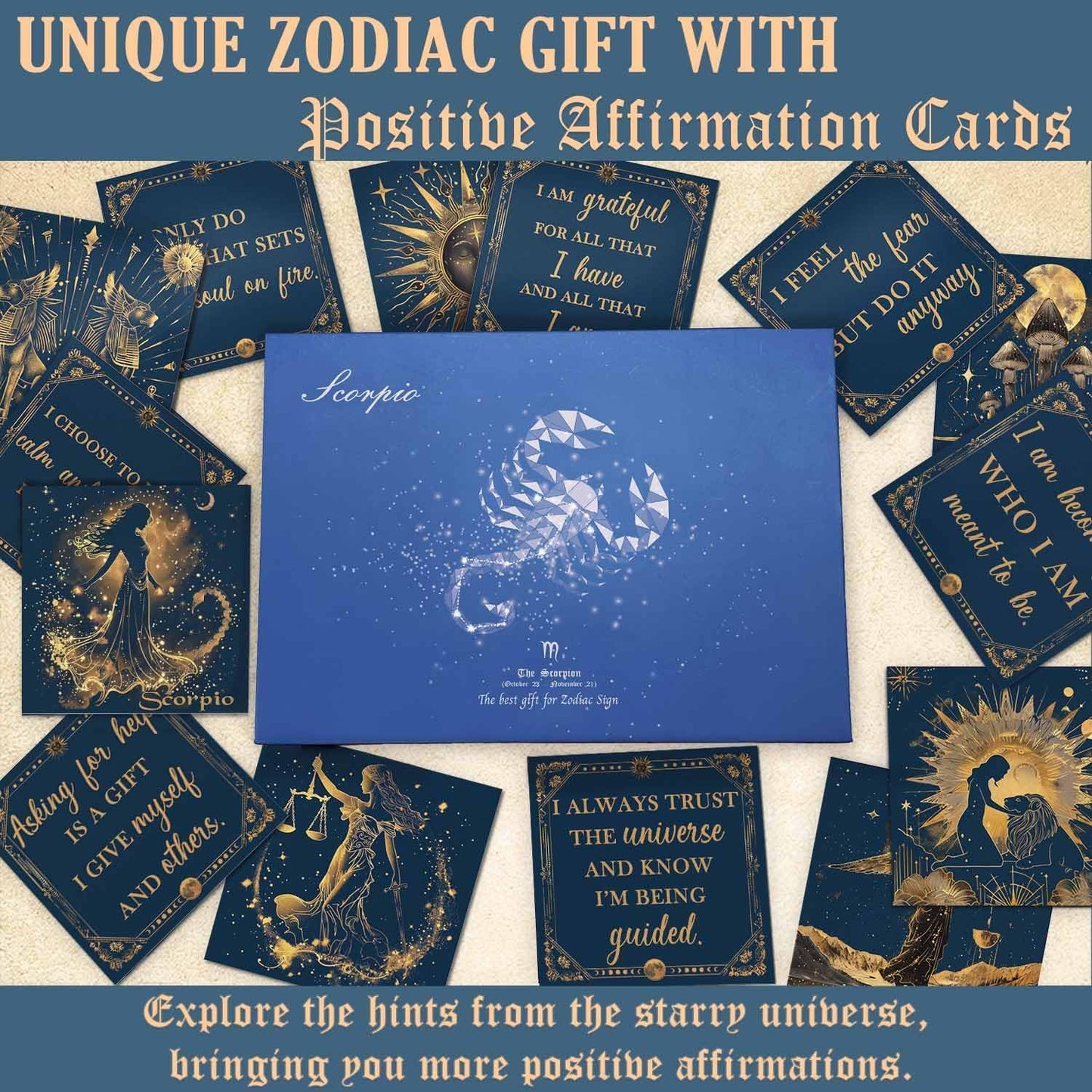 Birthday Crystals Gifts - 6 Zodiac Healing Stones w/ 50 Miracle Mantras Affirmation Cards, Spiritual Gifts for Positive Energy, Self-Care, Love & Wealth