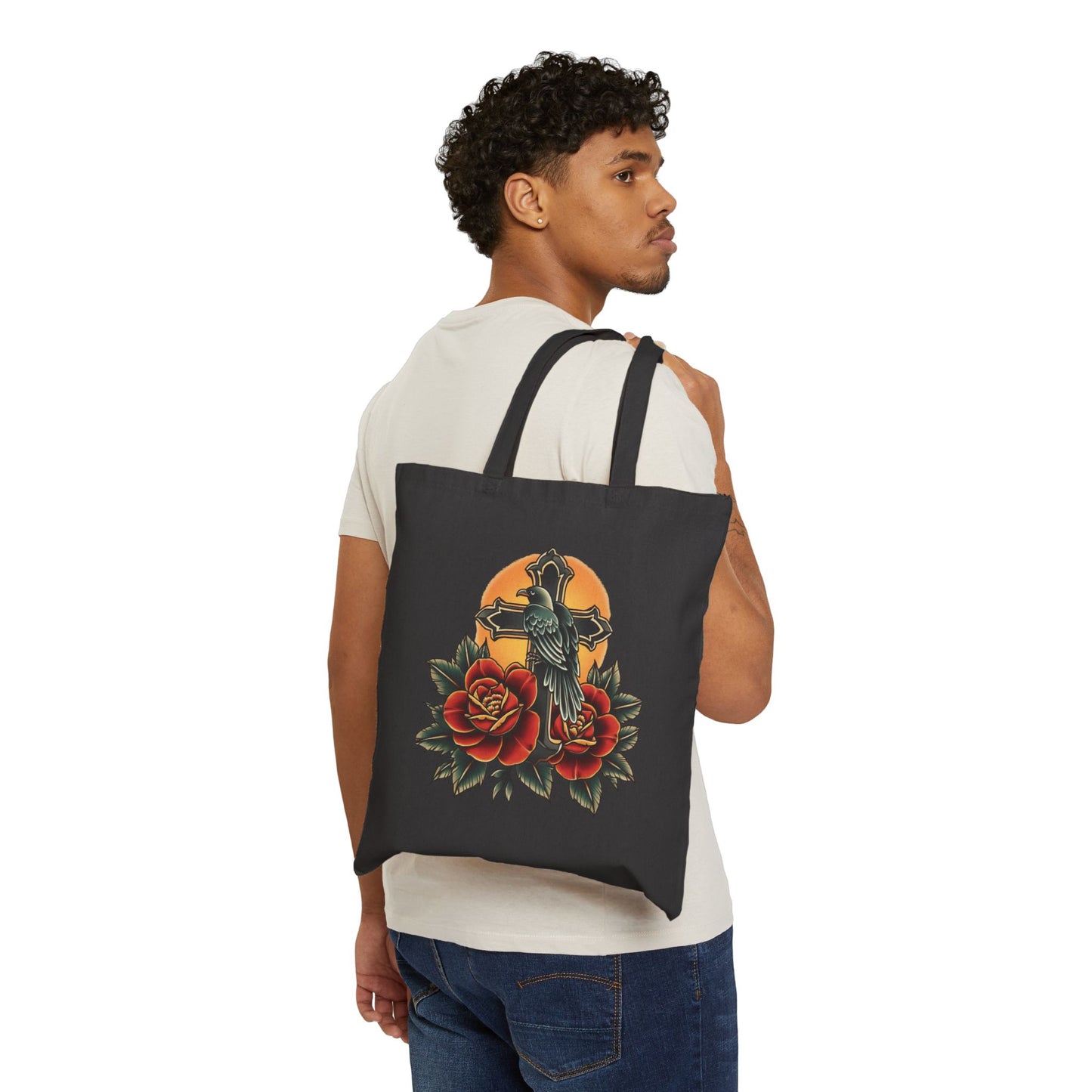 Retro Raven Cross & Roses Tote Bag
