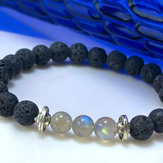 Peace Love Bling - Rainbow Moonstone Lava Stone Bracelet can be used for calming, awakening the inner goddess, aromatherapy