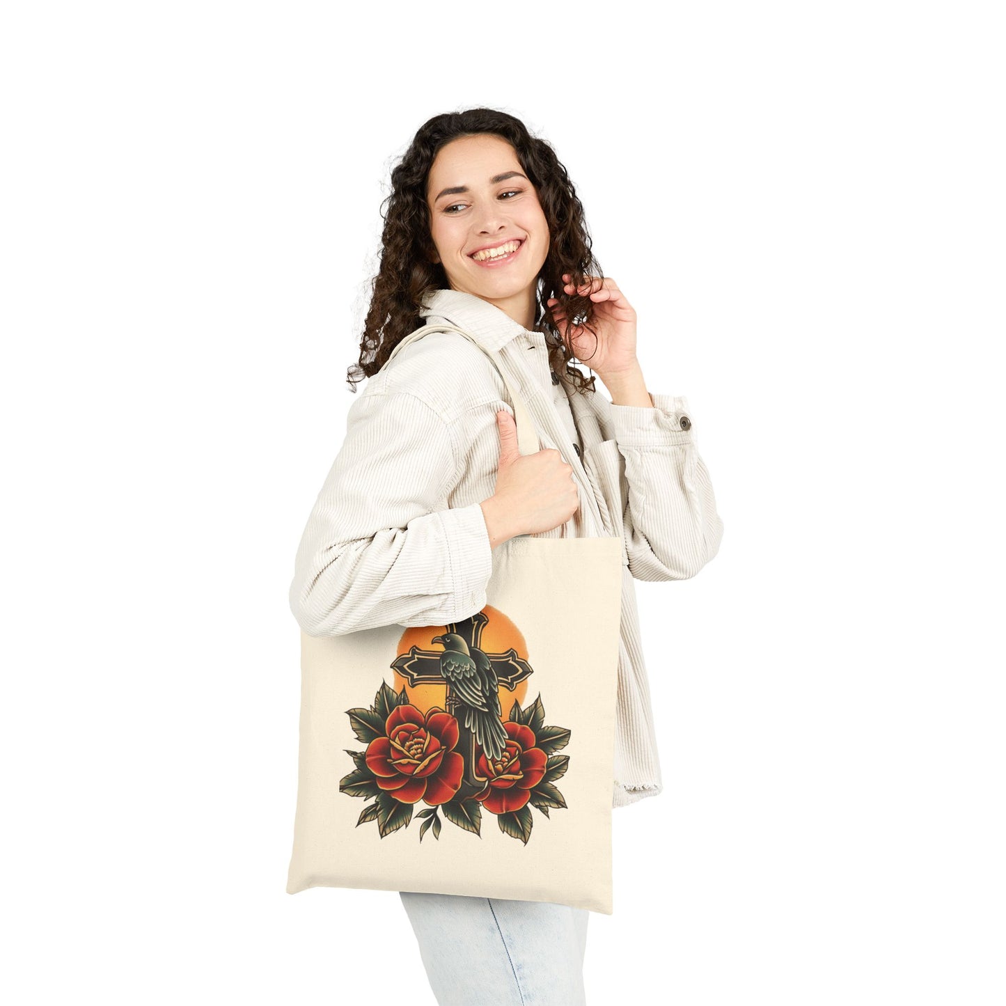 Retro Raven Cross & Roses Tote Bag