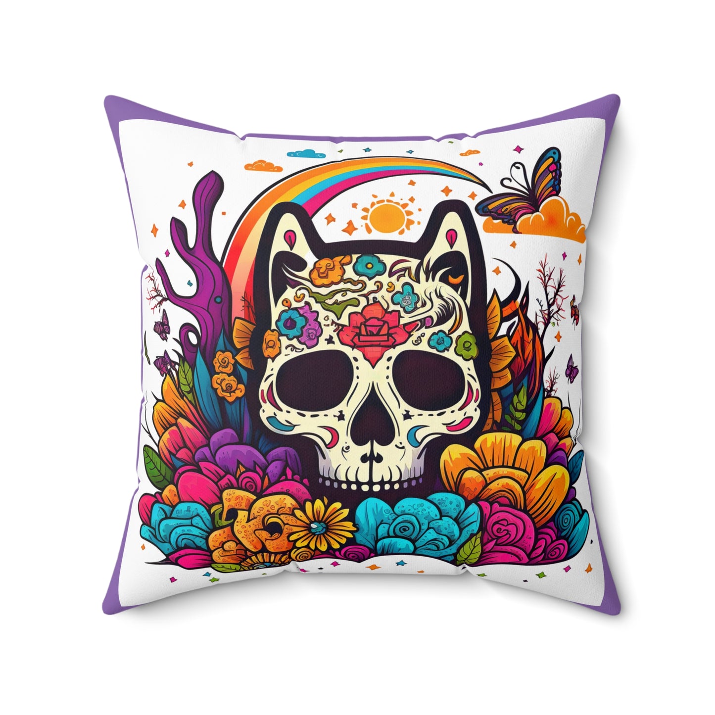 Retro Sugar Skull of Cat, Day of Dead Square Pillow