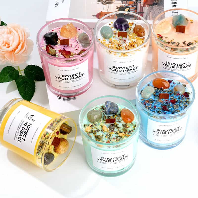 Crystal Soy Wax Aromatherapy Candle 8.5oz | Wooden Wick Dried Flower Candle | Healing Energy Relaxation Gift Home Decor