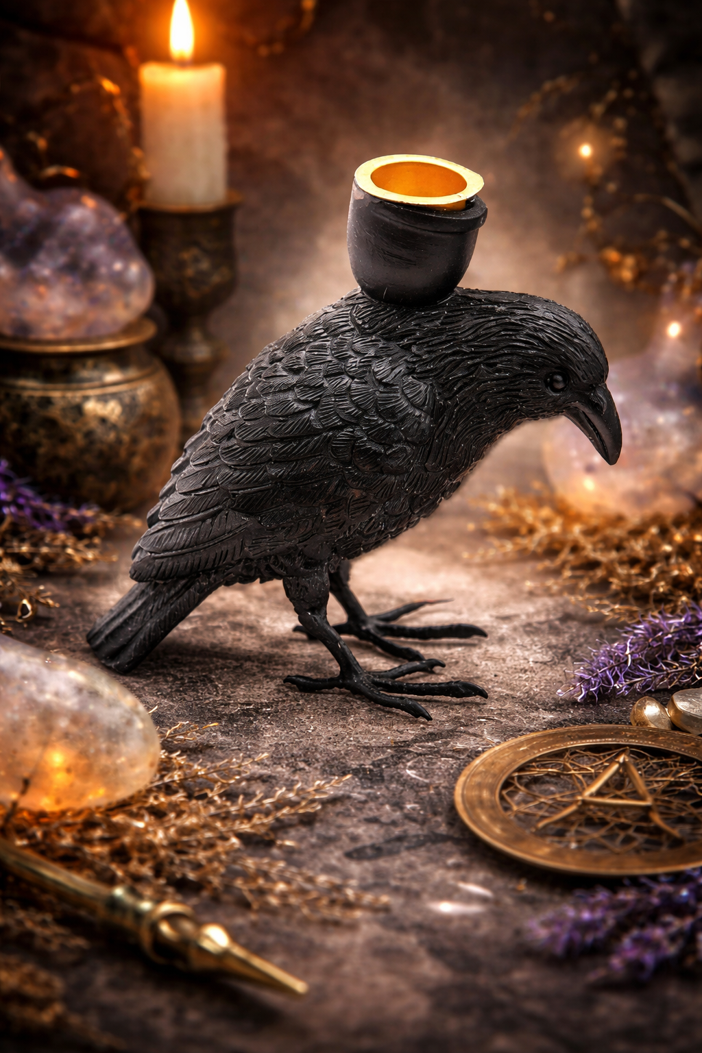 Black Crow Candlestick Holder | Gothic Raven Candle Decor | Witchy Altar Decoration