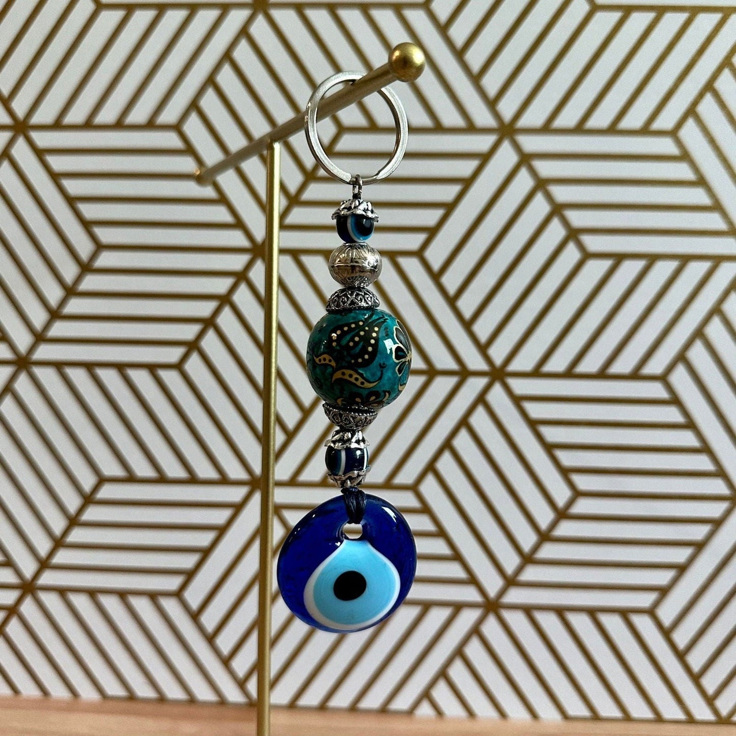 Evil Eye Nazar Boncuk Mal De Ojo Keychain with Hand Painted Ceramic Ball - Green and Gold Floral Tulip-1