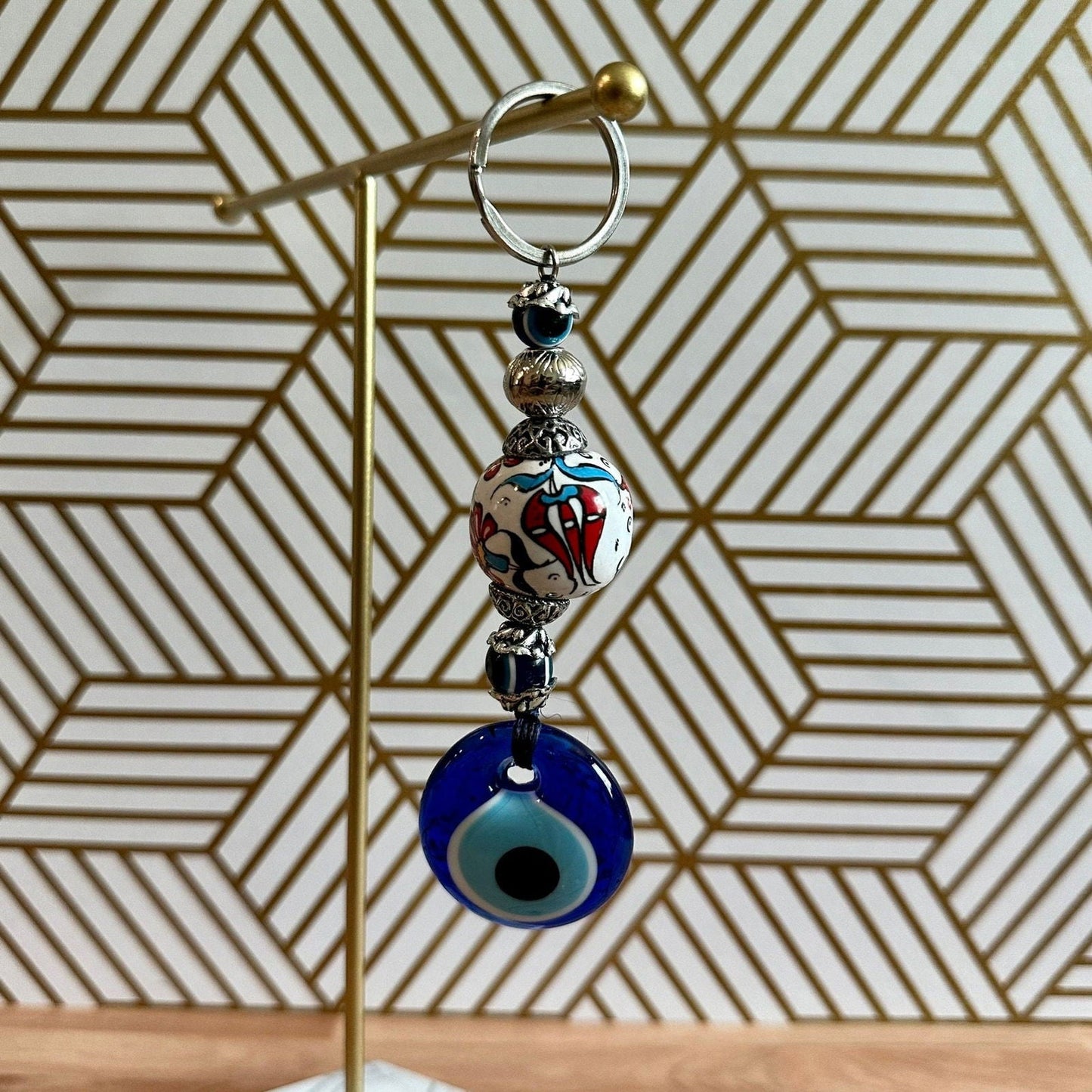 Evil Eye Nazar Boncuk Mal De Ojo Keychain with Hand Painted Ceramic Ball - White & Red Floral Tulip-1