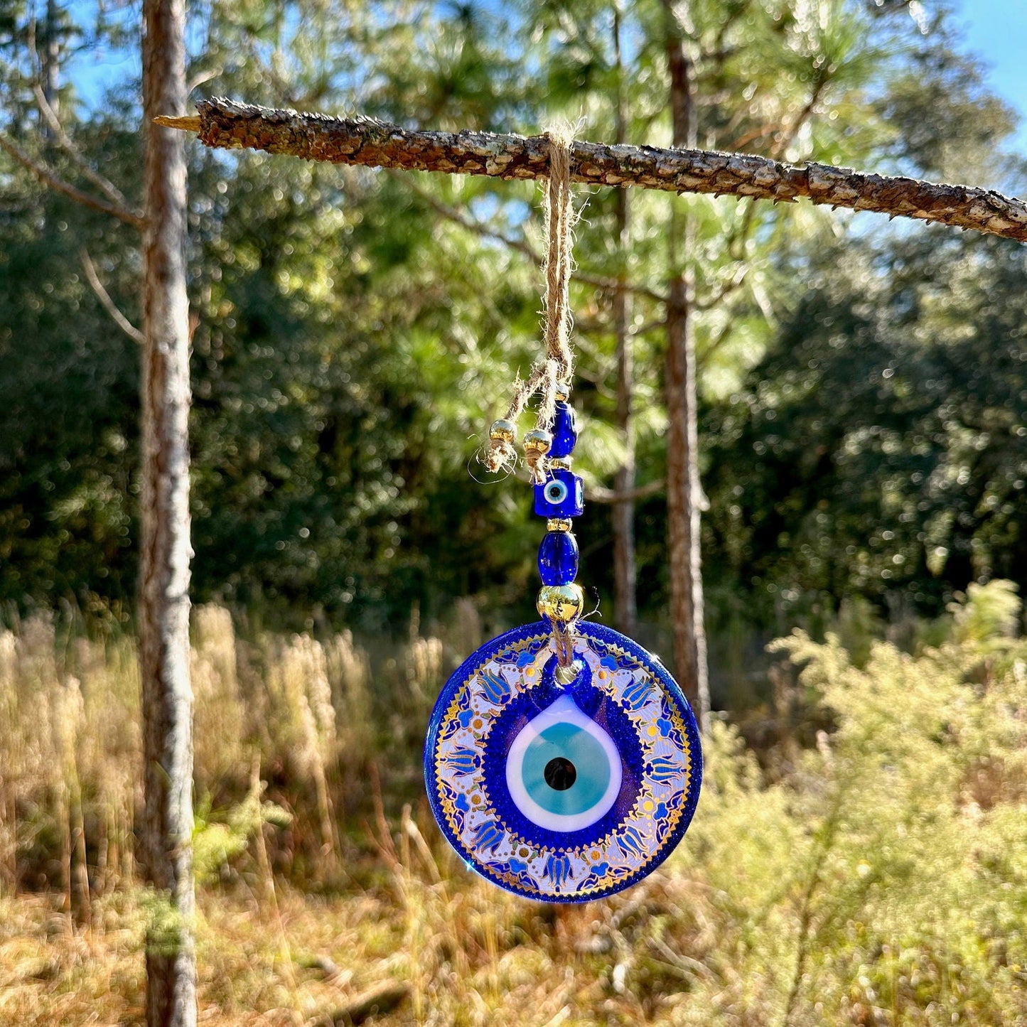 Gold Trim Wall Hanging Evil Eye Nazar Boncuk Mal De Ojo, Modern Boho Style Home Decor -- Golden Tulip Mandala -- Red or Turquoise-3