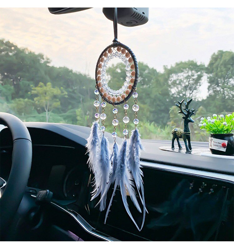 Grey Circle Round Dreamcatcher with Grey Feathers -- Rearview Mirror Hanging or Wall Hanging-2