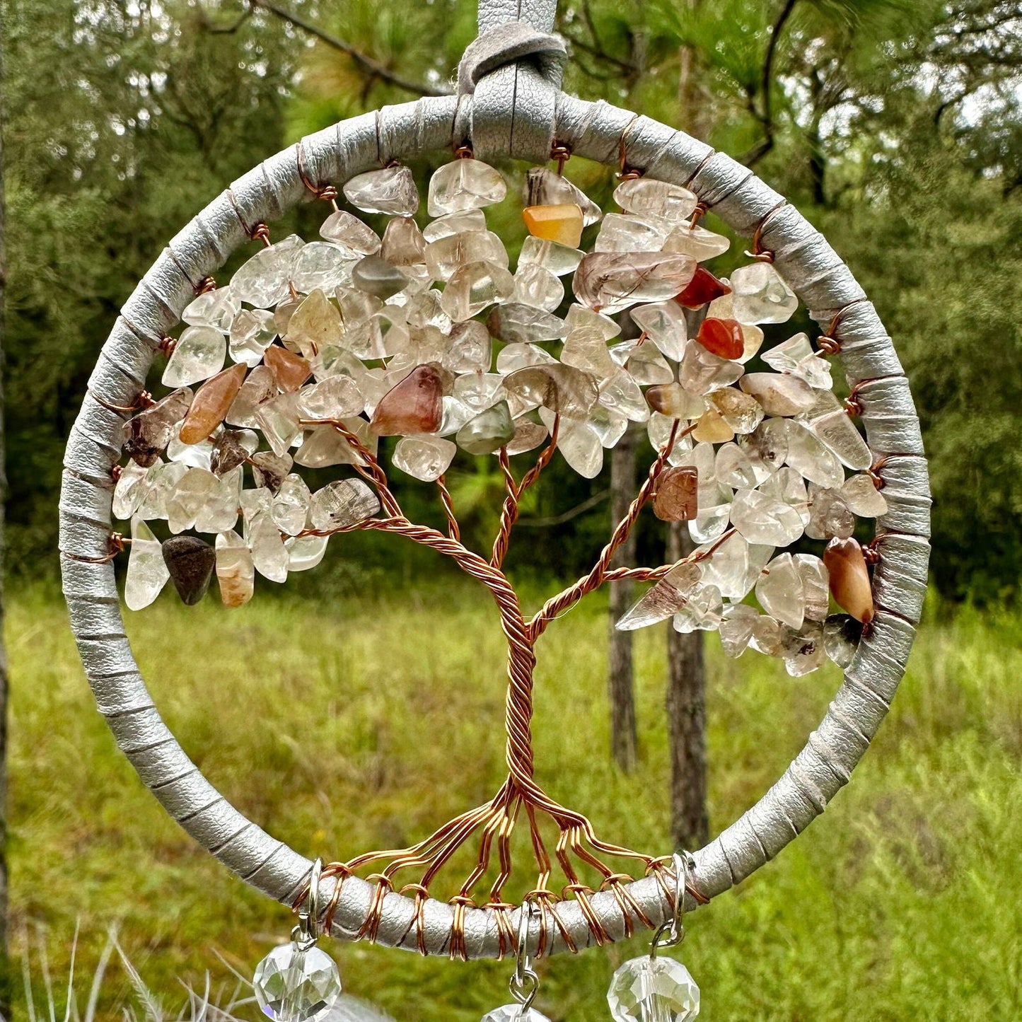 Handmade White Tree of Life Dreamcatcher with White Feathers - Rearview Mirror Hanging or Wall Hanging-3