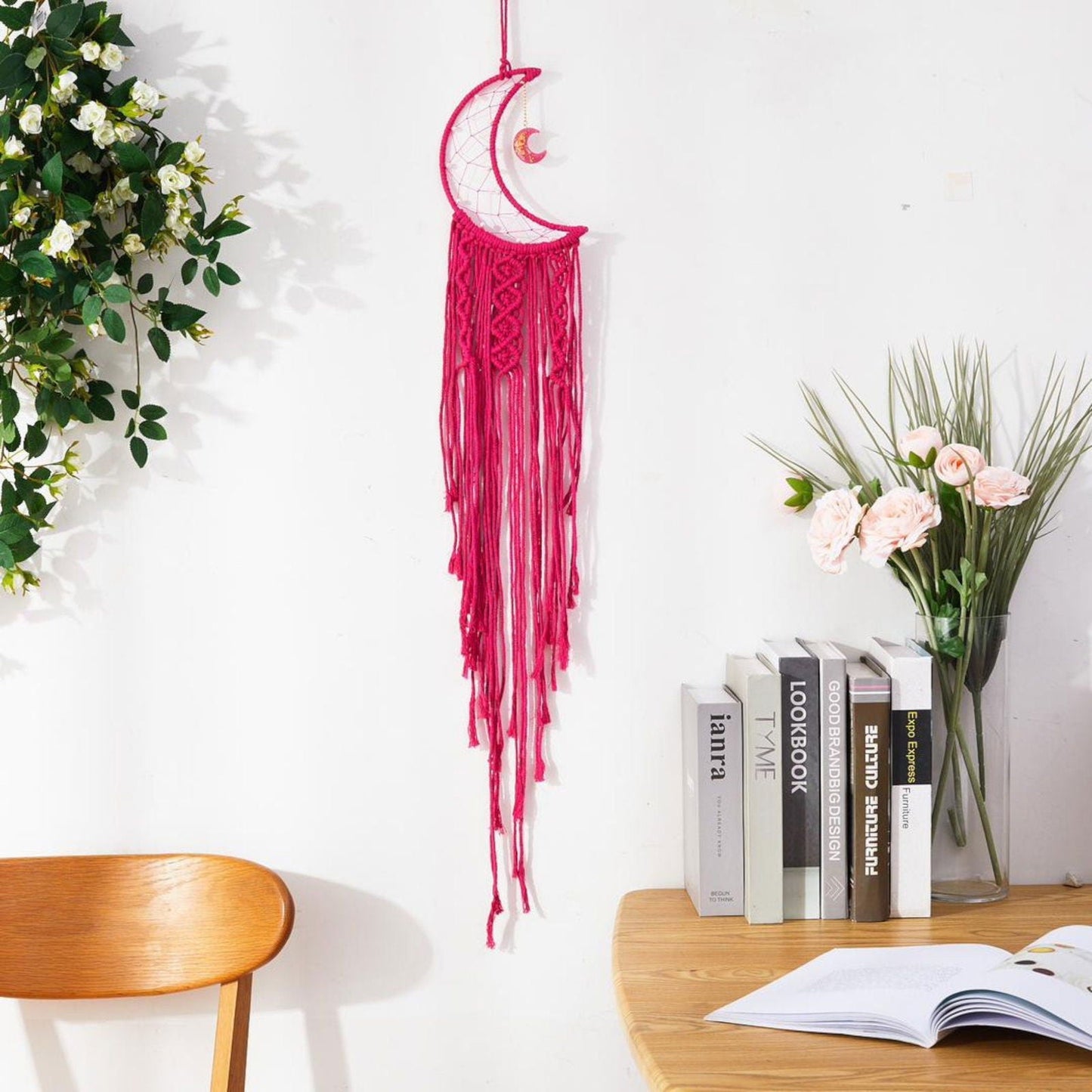 Macrame Wall Hanging Crescent Moon Dream Catcher with Moon Charm, Modern Boho Style Home Decor -- Dark Pink-0
