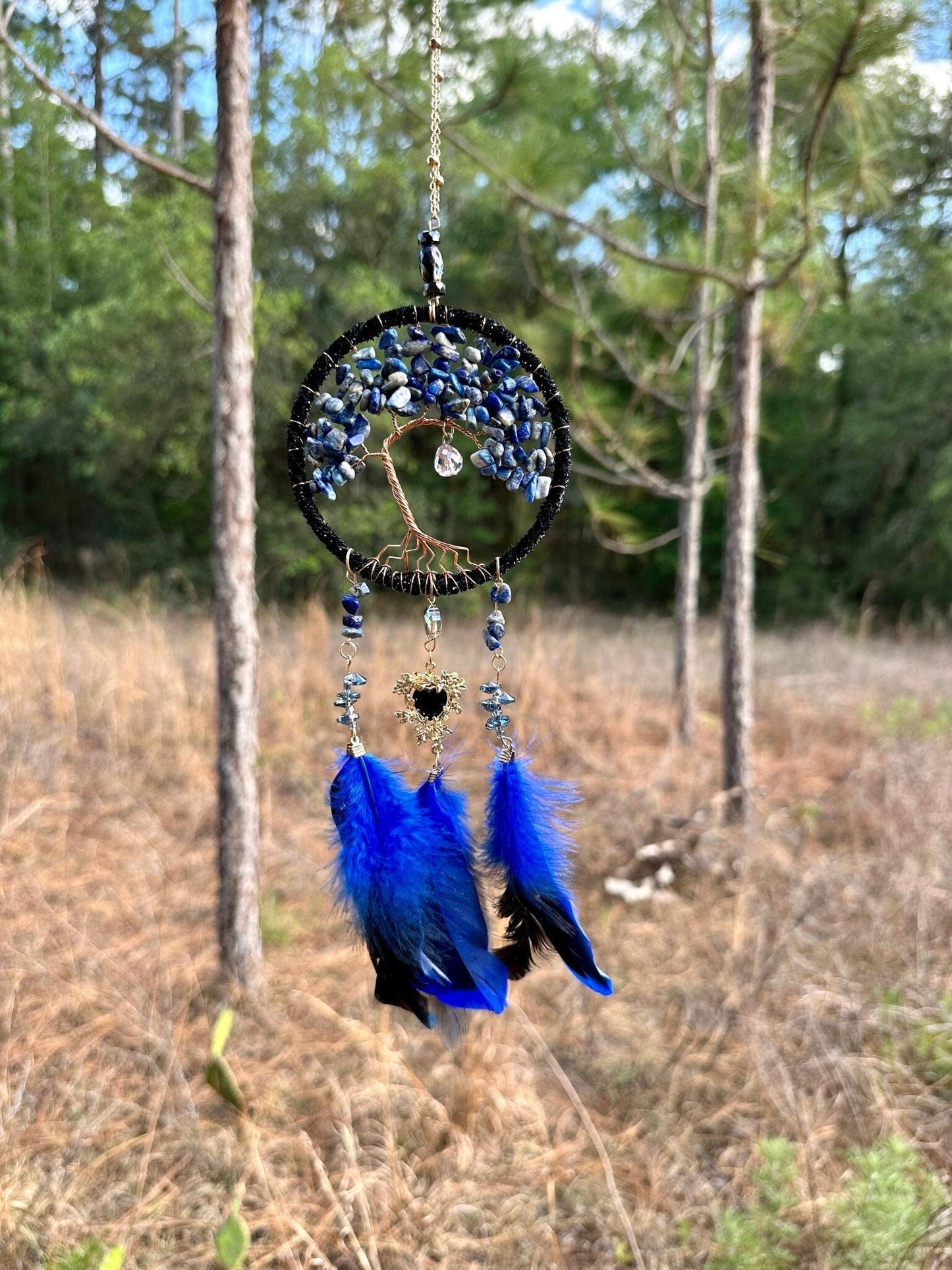 Medium Blue/Black Tree of Life Dreamcatcher with Black Heart Charm - Lapis Lazuli-- Rearview Mirror Hanging or Wall Hanging-4