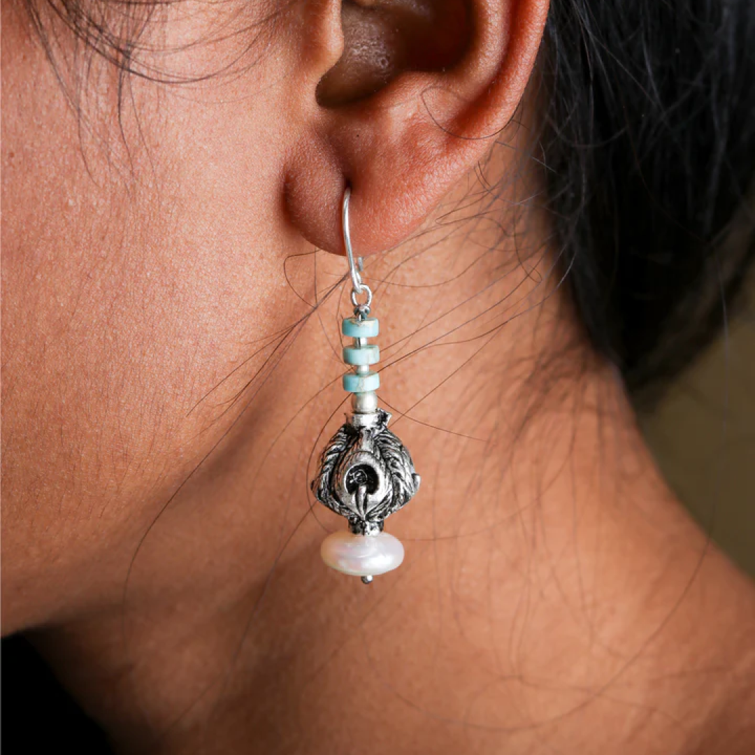 Silver Carved Bead Earrings