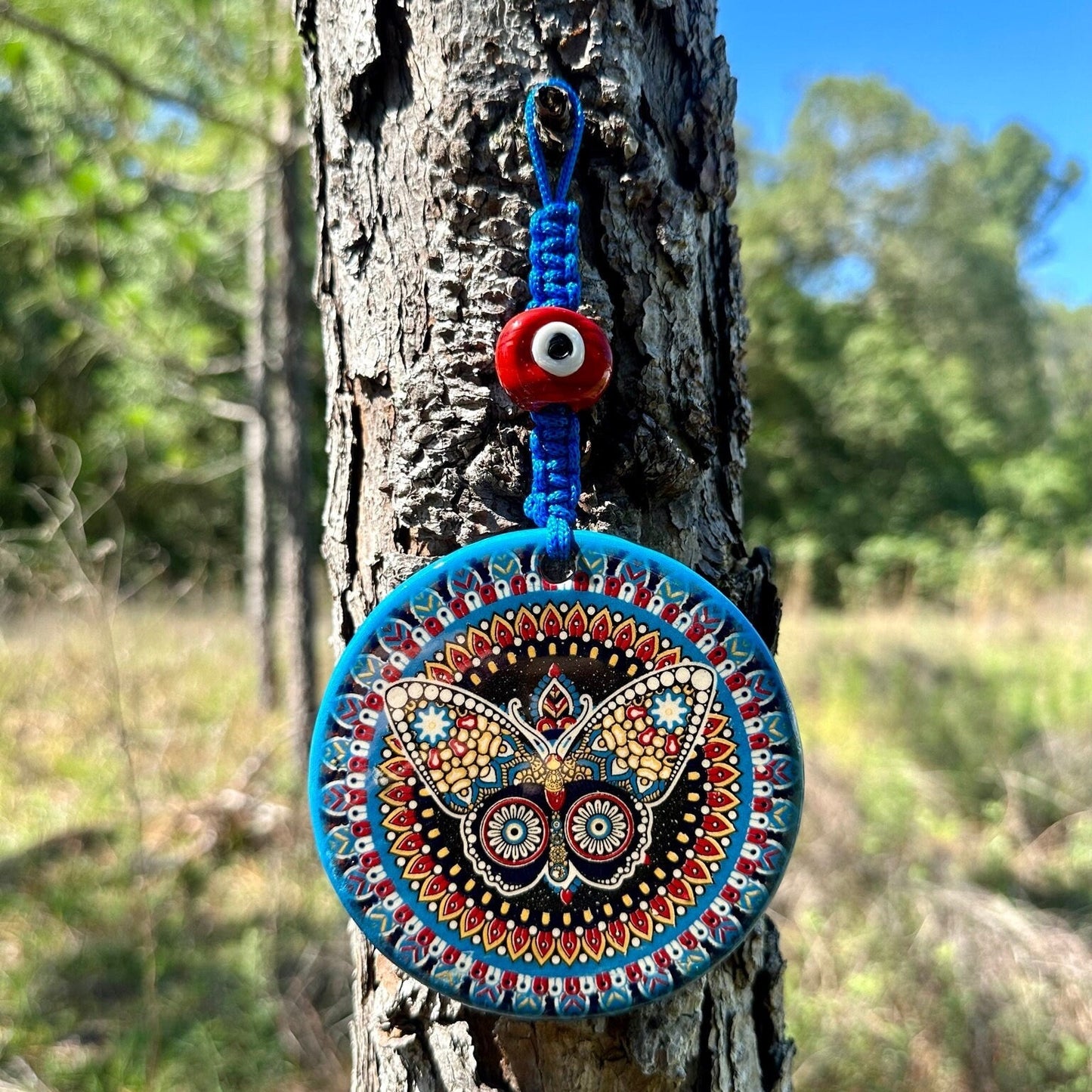 Wall Hanging Ceramic Evil Eye Nazar Boncuk Mal De Ojo, Modern Boho Style Home Decor -- Exotic Butterfly Mandala-1