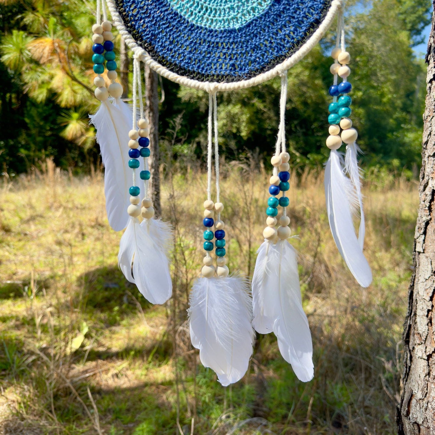 White Tear Drop Crochet Wall Hanging Evil Eye Nazar Boncuk Mal De Ojo Dream Catcher with Feathers, Modern Boho Style Home Decor-4
