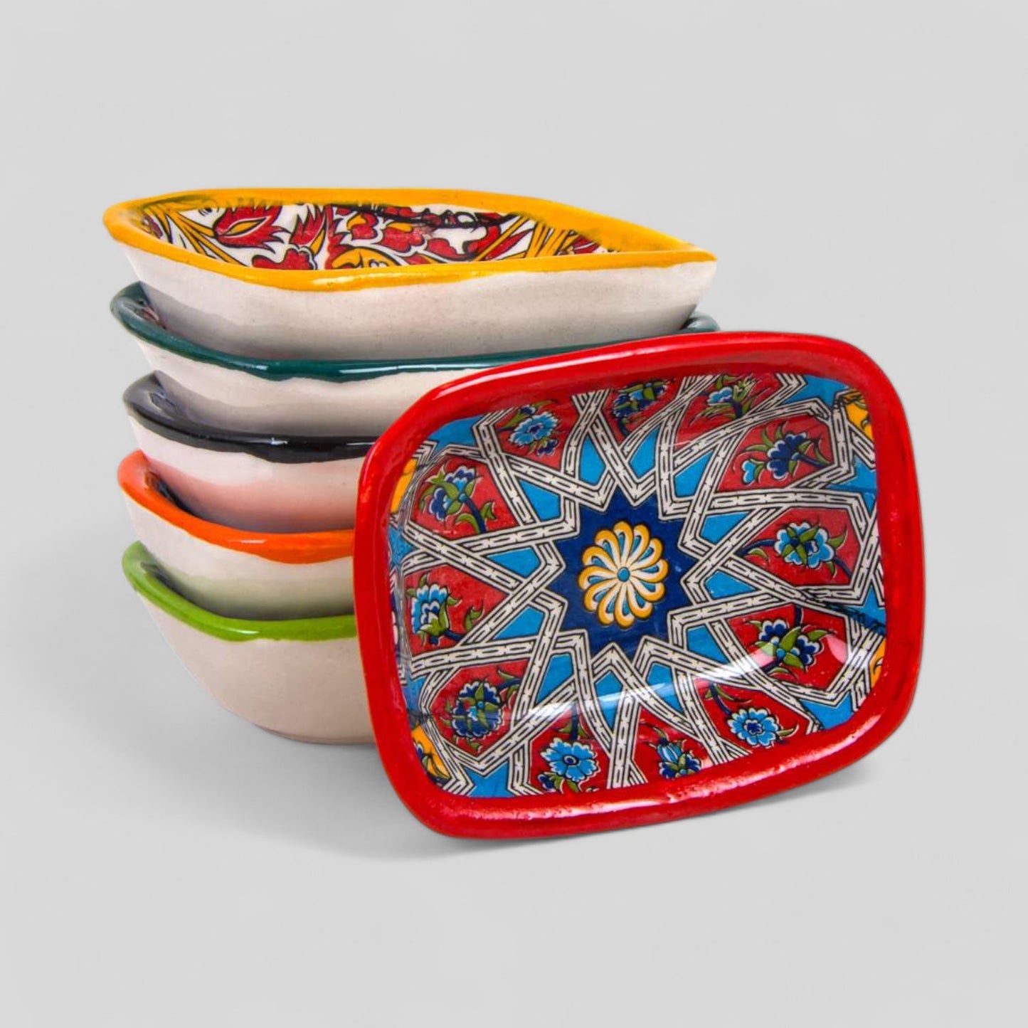 6 Pack Turkish Handmade Ceramic Bowls Authentic Decorative Pottery - Rectangle Small-0