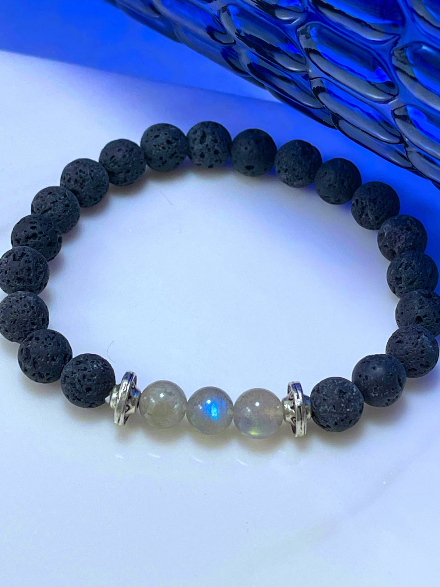Peace Love Bling - Rainbow Moonstone Lava Stone Bracelet can be used for calming, awakening the inner goddess, aromatherapy