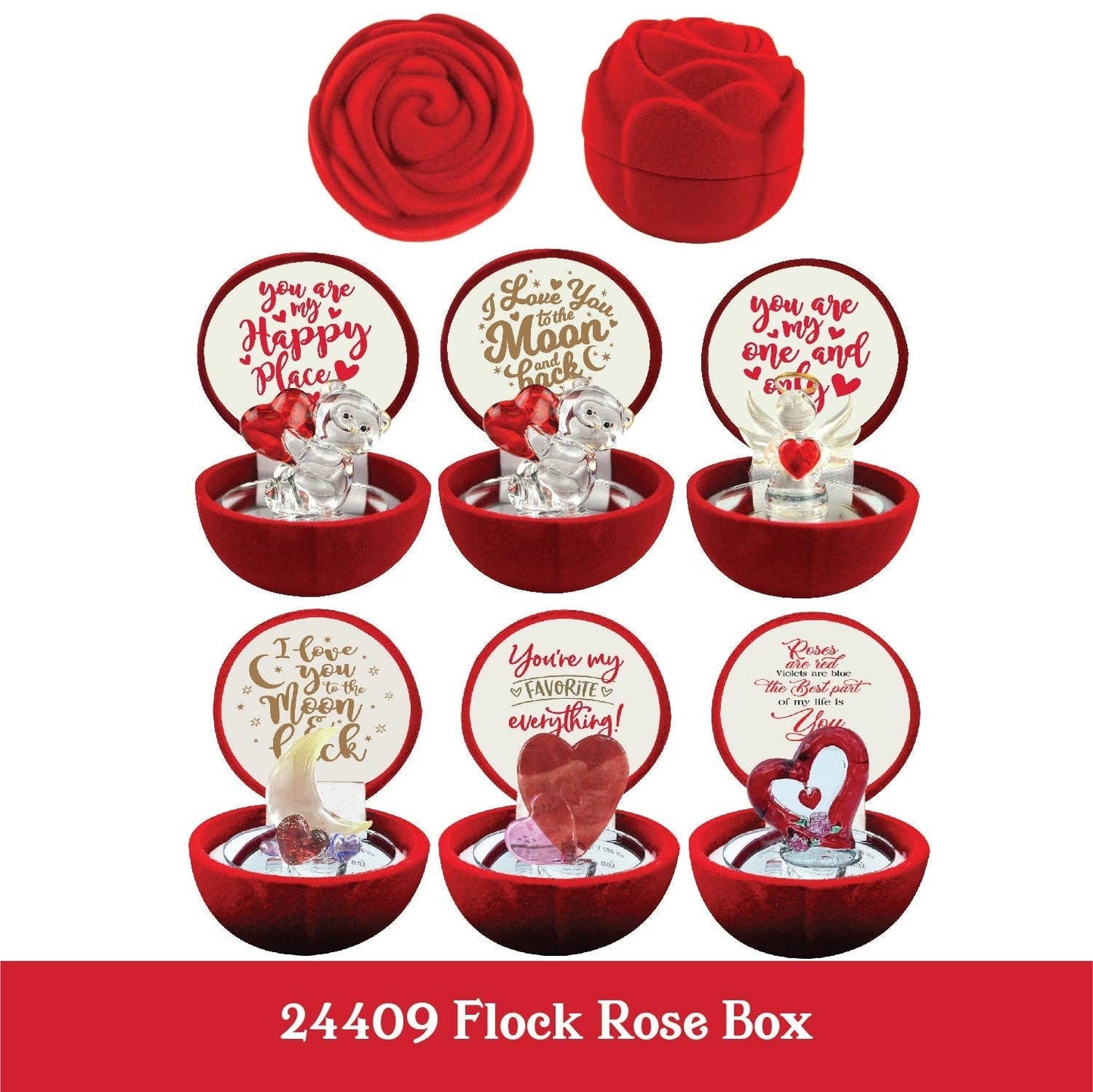 Novelty Closeout - Valentine's Day Glass Keepsake Flock Rose Assortment