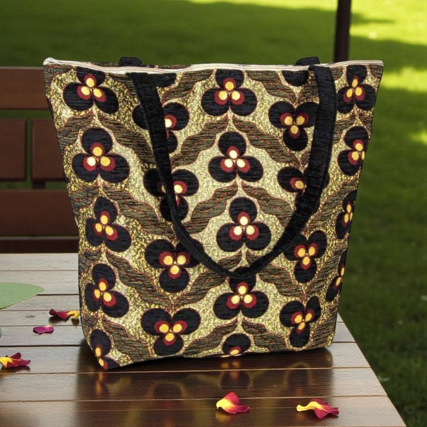 Authentic Kilim Fabric Floral Ucgoz Design Purse with Handles, Turkish Carpet, Beach Bag, Tote, Reusable Shopping Bag -- Black/Gold/Red-1