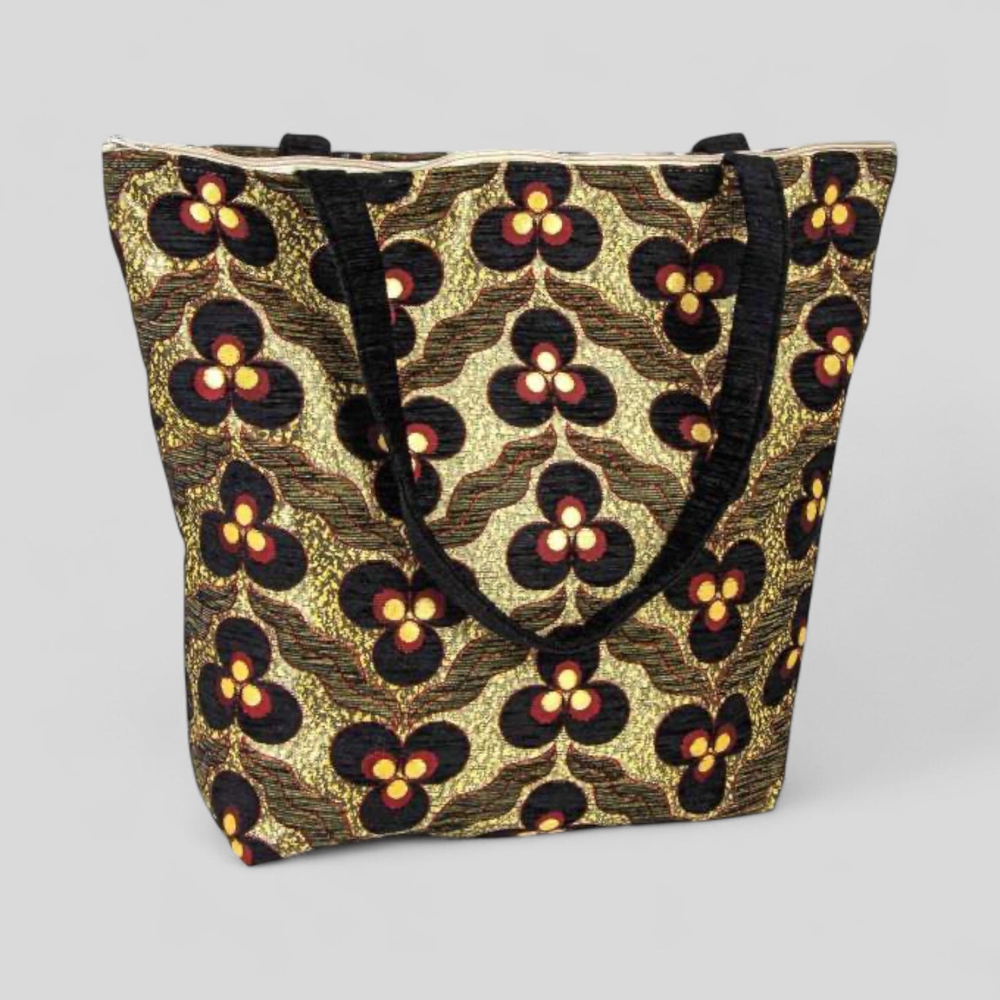 Authentic Kilim Fabric Floral Ucgoz Design Purse with Handles, Turkish Carpet, Beach Bag, Tote, Reusable Shopping Bag -- Black/Gold/Red-0