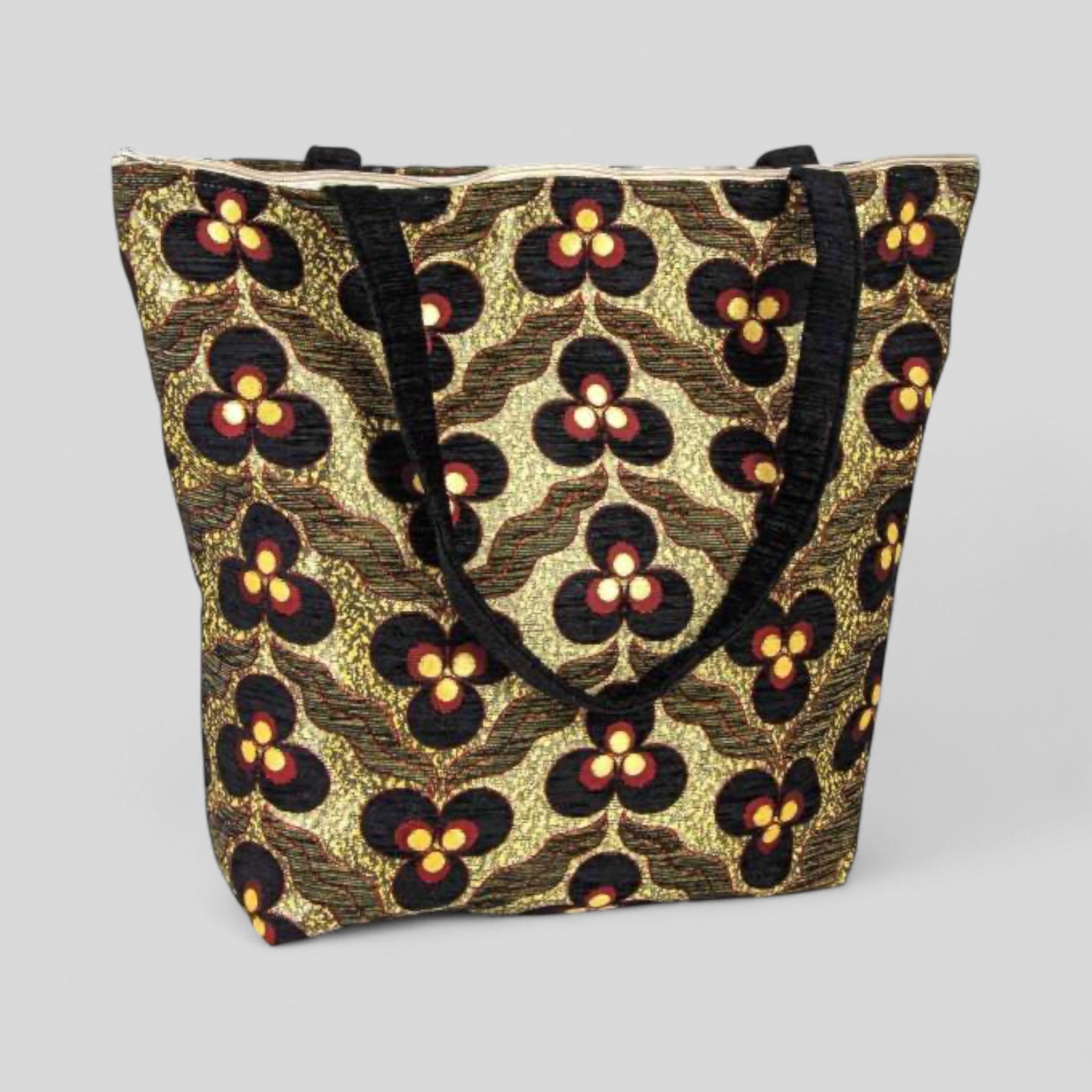 Authentic Kilim Fabric Floral Ucgoz Design Purse with Handles, Turkish Carpet, Beach Bag, Tote, Reusable Shopping Bag -- Black/Gold/Red-0