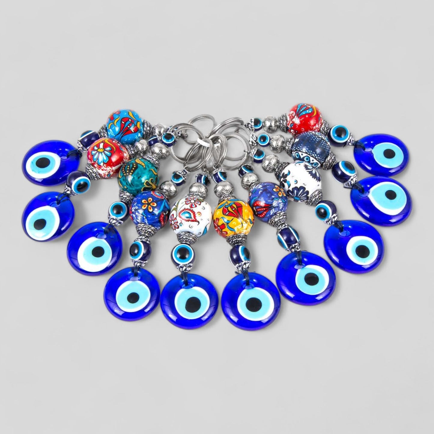 10 Pack Assorted Handcrafted Glass Nazar Boncuk Evil Eye Mal De Ojo Keychain Hand Painted Ceramic Ball-0