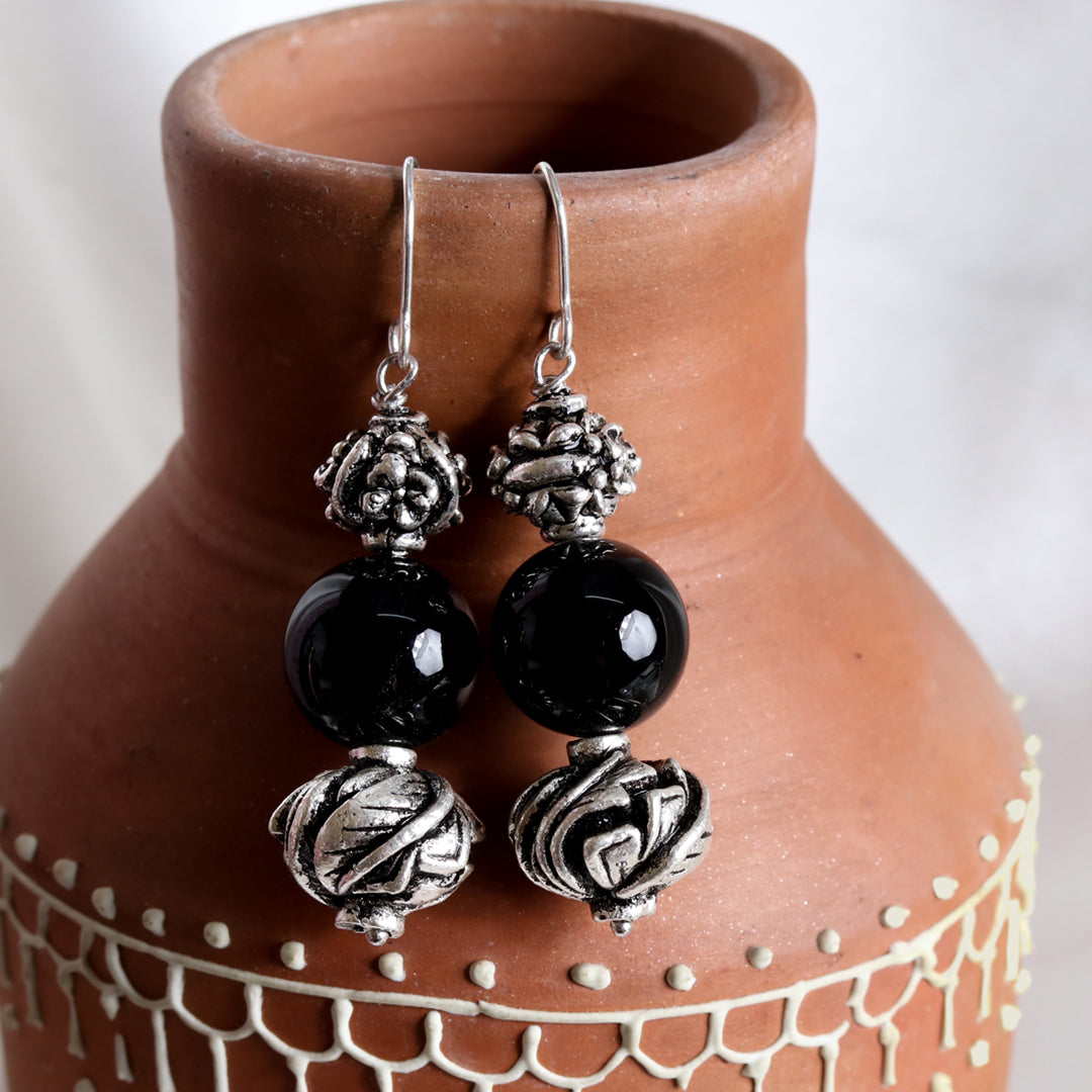 Carved Beads Onyx Earrings