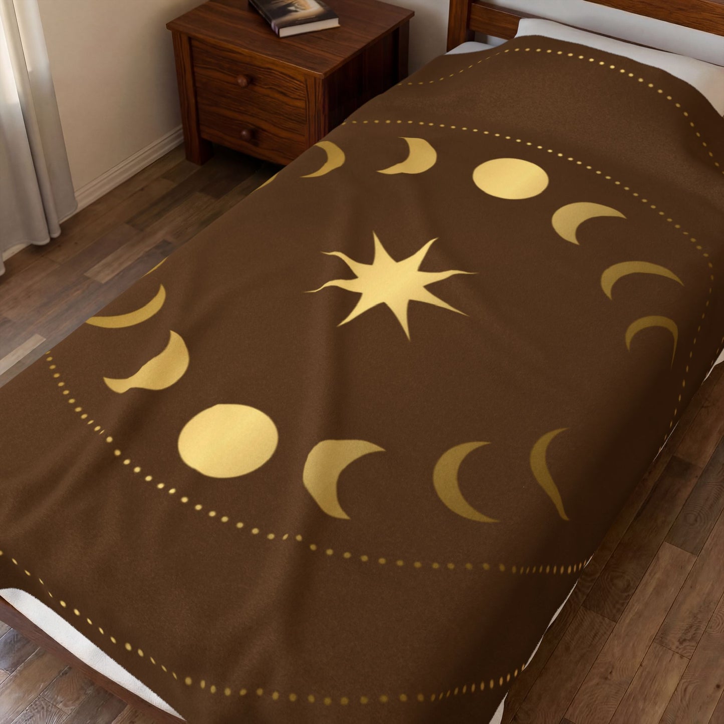Celestial Moon Phase Velveteen Plush Blanket | Gold & Brown Cosmic Throw