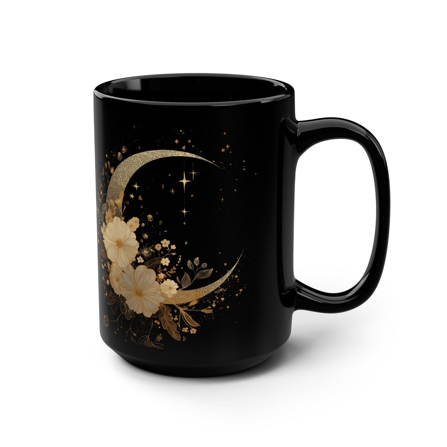 Gold Floral Crescent Moon Mug | Black 15oz Ceramic Coffee Cup