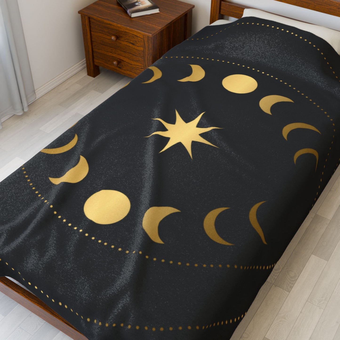 Celestial Moon Phase Velveteen Plush Blanket | Gold & Black Cosmic Throw