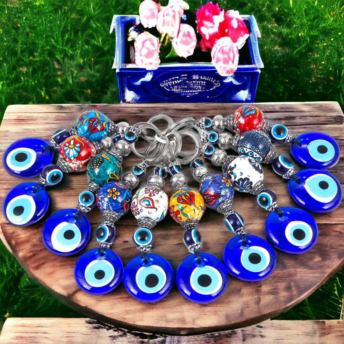 10 Pack Assorted Handcrafted Glass Nazar Boncuk Evil Eye Mal De Ojo Keychain Hand Painted Ceramic Ball-1