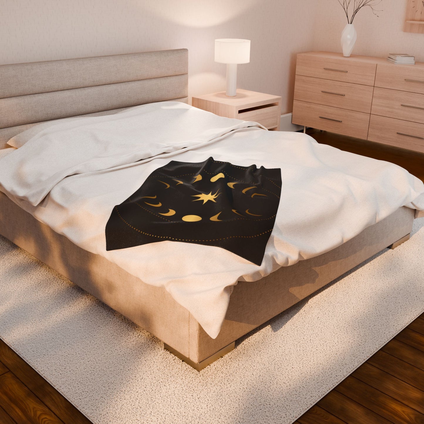 Celestial Moon Phase Velveteen Plush Blanket | Gold & Black Cosmic Throw