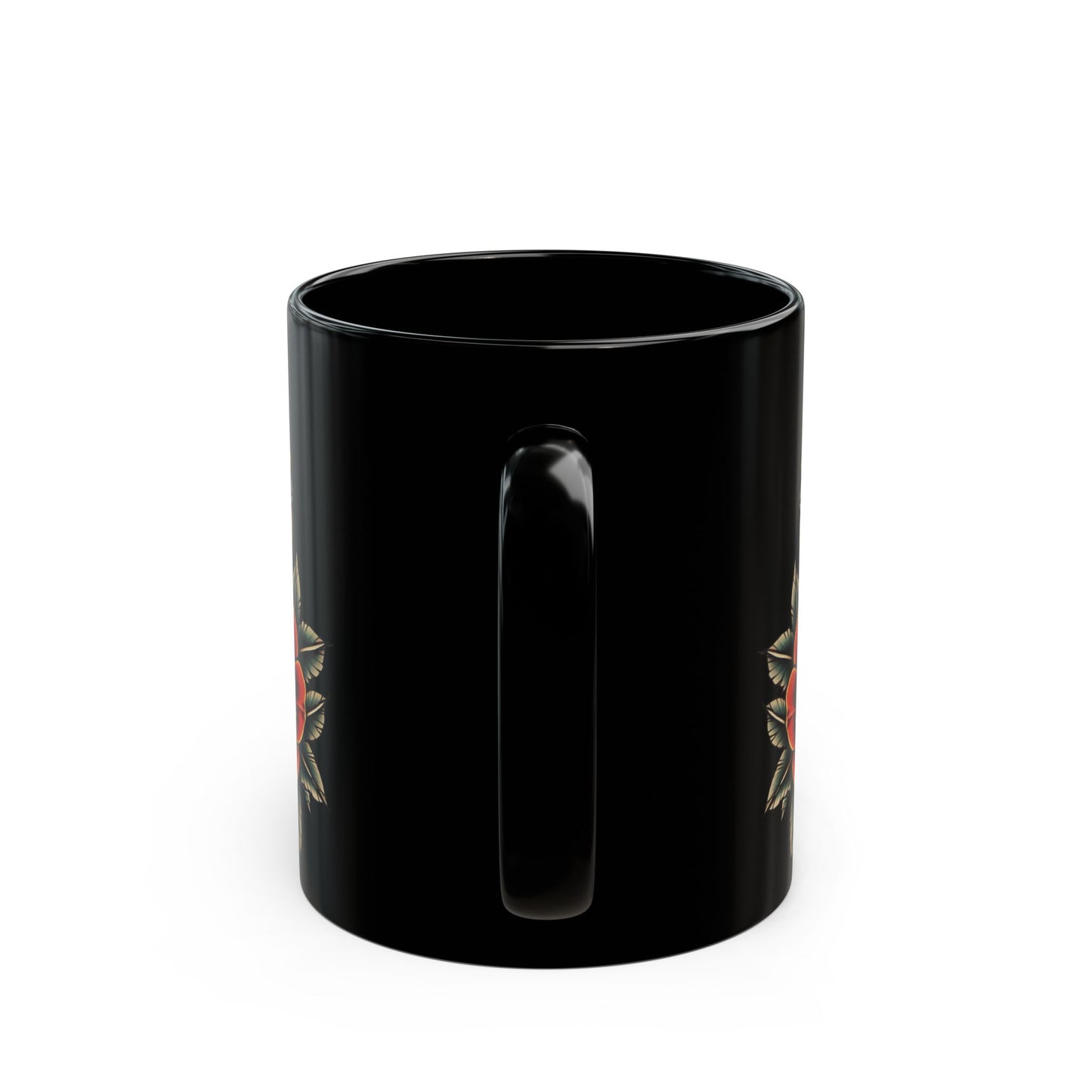 Raven Tattoo-Inspired Black Mug: Bold Floral Design, Gothic Decor, Unique Gift for Art Lovers, Perfect for Coffee & Tea