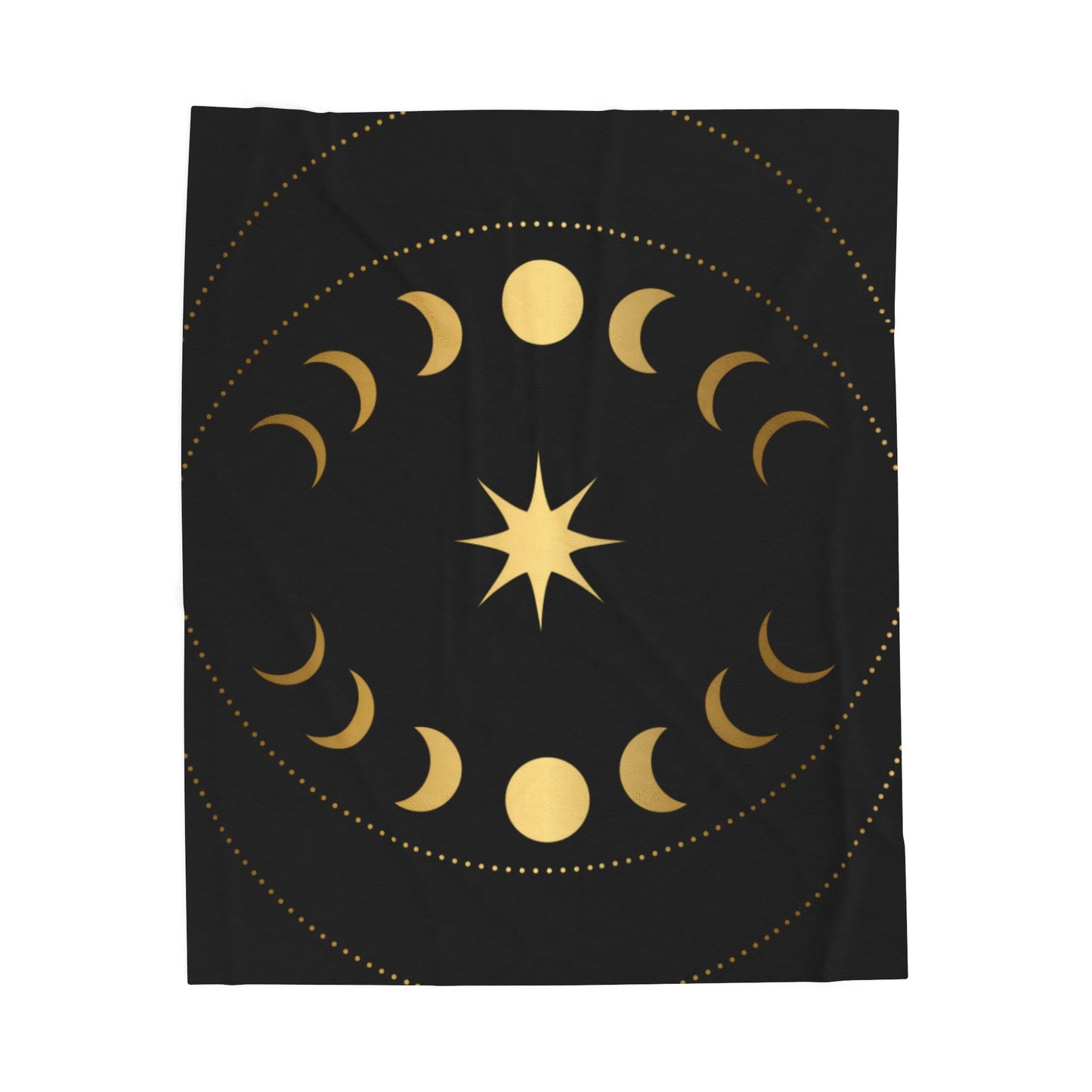 Celestial Moon Phase Velveteen Plush Blanket | Gold & Black Cosmic Throw
