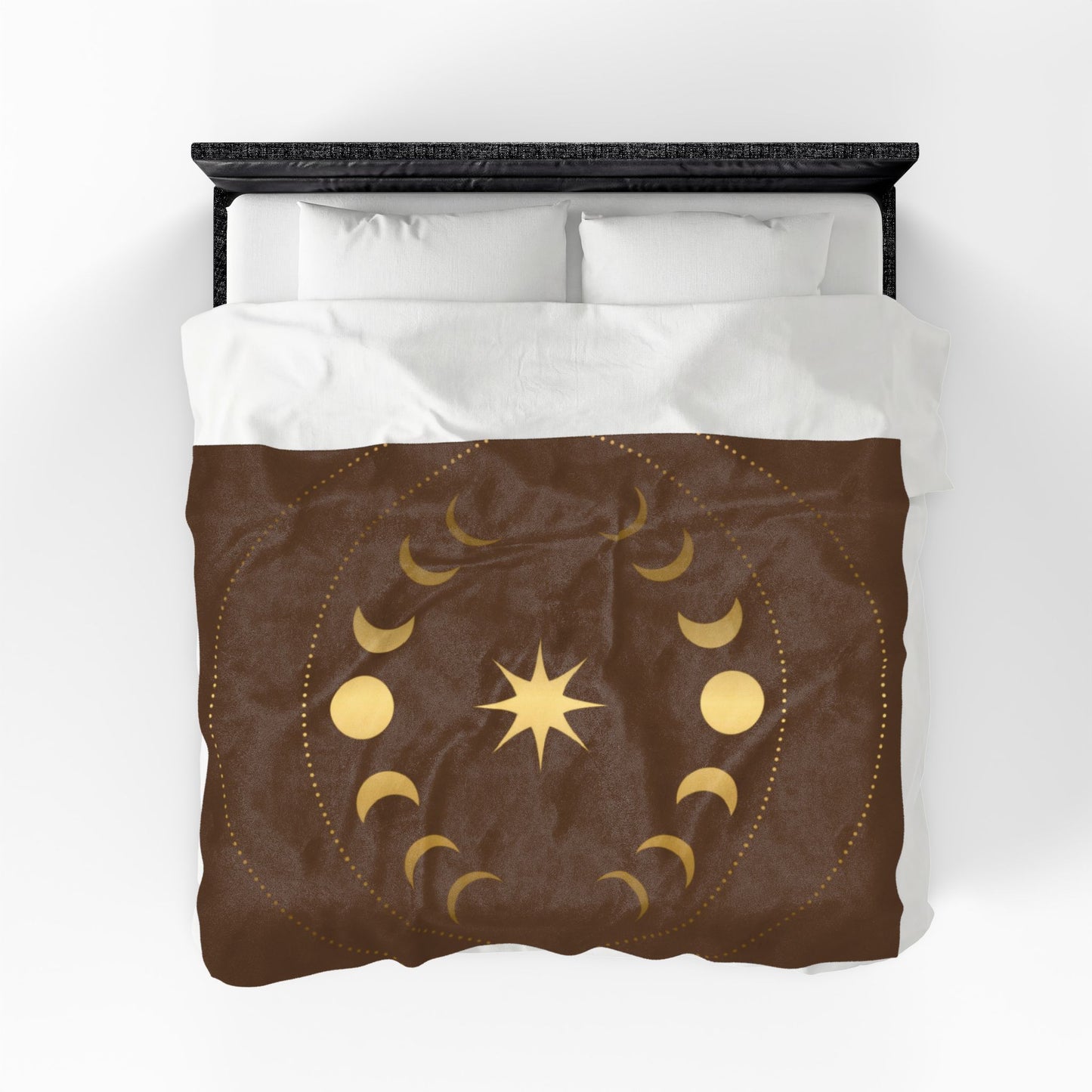 Celestial Moon Phase Velveteen Plush Blanket | Gold & Brown Cosmic Throw